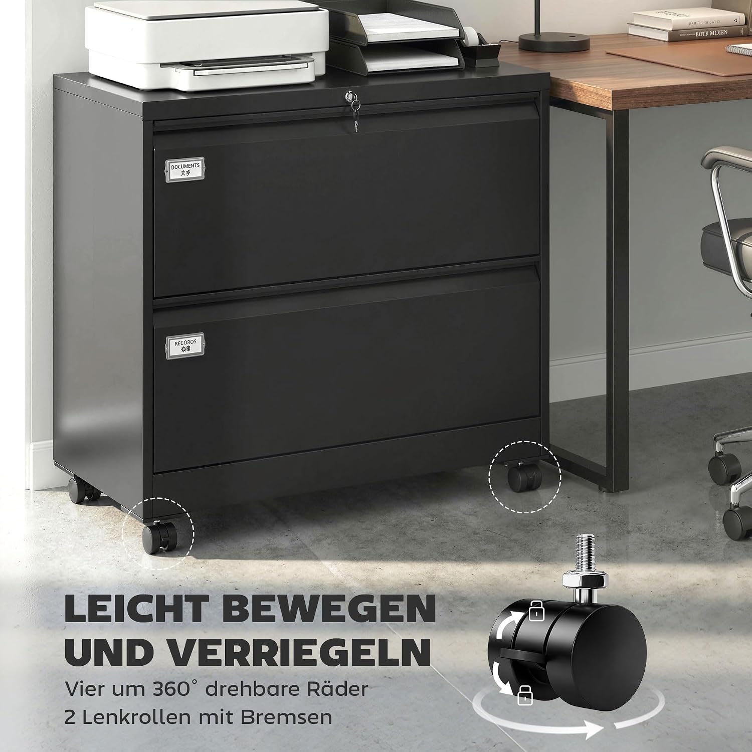 HOMCOM Rollcontainer mit 2 Schubladen mobiler Aktenschrank mit Rollen abschließbar Büroschrank mit verstellbarem Hängeregistratur, Schubladenschrank für Büro, Homeoffice, 90 x 40 x 77,4 cm, Schwarz — Ansicht 5