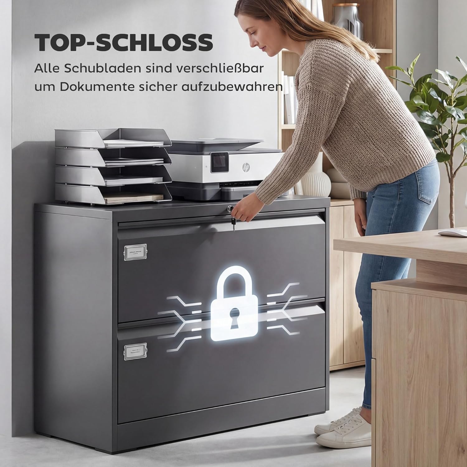 HOMCOM Rollcontainer mit 2 Schubladen mobiler Aktenschrank mit Rollen abschließbar Büroschrank mit verstellbarem Hängeregistratur, Schubladenschrank für Büro, Homeoffice, 90 x 40 x 77,4 cm, Schwarz — Ansicht 6