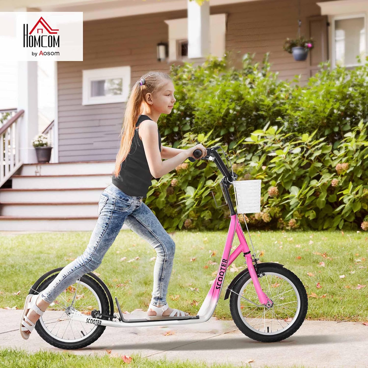 HOMCOM Roller Kinderroller mit Luftreifen Handbremse, 16 Zoll Tretroller Höhenverstellbar Kickscooter für Jungen und Mädchen 5-12 Jahre Kickboard Cityroller Kinder Scooter — Ansicht 2
