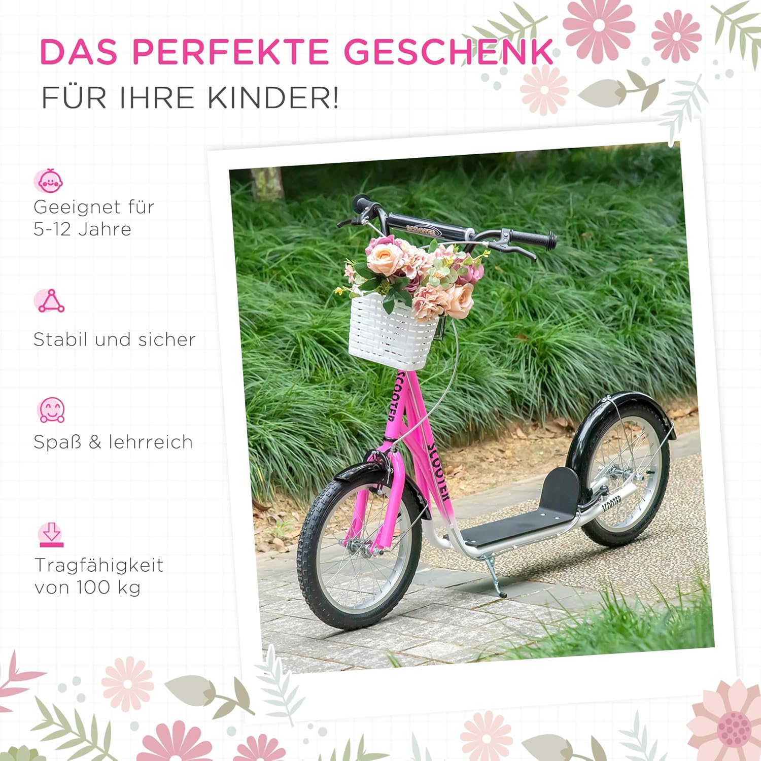 HOMCOM Roller Kinderroller mit Luftreifen Handbremse, 16 Zoll Tretroller Höhenverstellbar Kickscooter für Jungen und Mädchen 5-12 Jahre Kickboard Cityroller Kinder Scooter — Ansicht 4