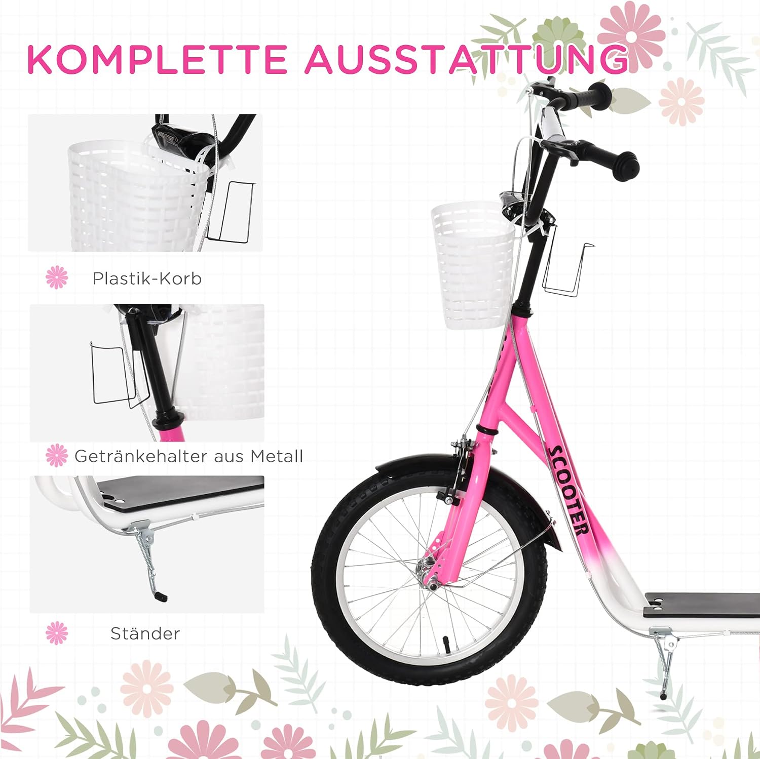 HOMCOM Roller Kinderroller mit Luftreifen Handbremse, 16 Zoll Tretroller Höhenverstellbar Kickscooter für Jungen und Mädchen 5-12 Jahre Kickboard Cityroller Kinder Scooter — Ansicht 5