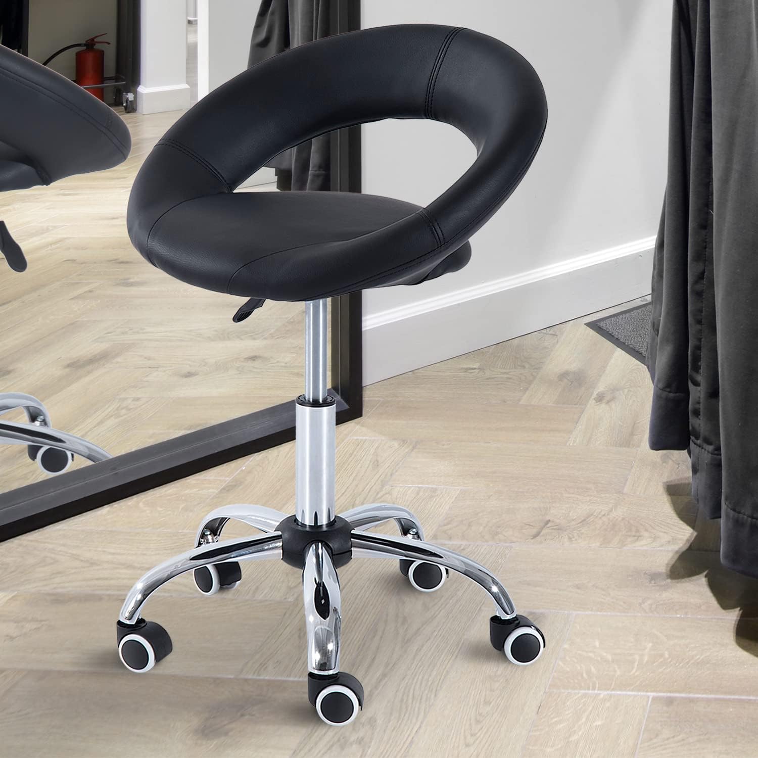 HOMCOM Rollhocker Arbeitshocker Drehhocker Bürostuhl höhenverstellbar, PU+Metall, Schwarz, 50 x 54 x (66-78) cm — Ansicht 2