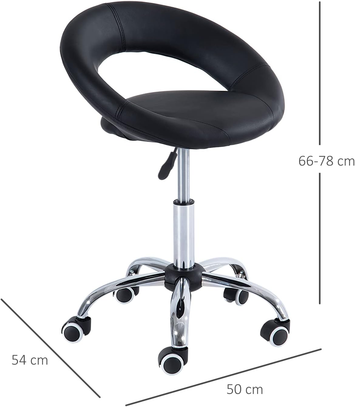 HOMCOM Rollhocker Arbeitshocker Drehhocker Bürostuhl höhenverstellbar, PU+Metall, Schwarz, 50 x 54 x (66-78) cm — Ansicht 3