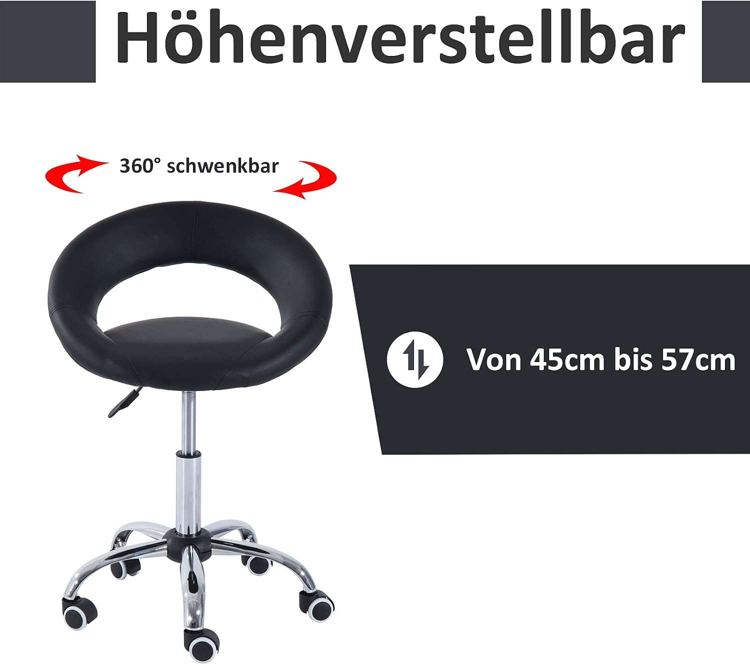 HOMCOM Rollhocker Arbeitshocker Drehhocker Bürostuhl höhenverstellbar, PU+Metall, Schwarz, 50 x 54 x (66-78) cm — Ansicht 4