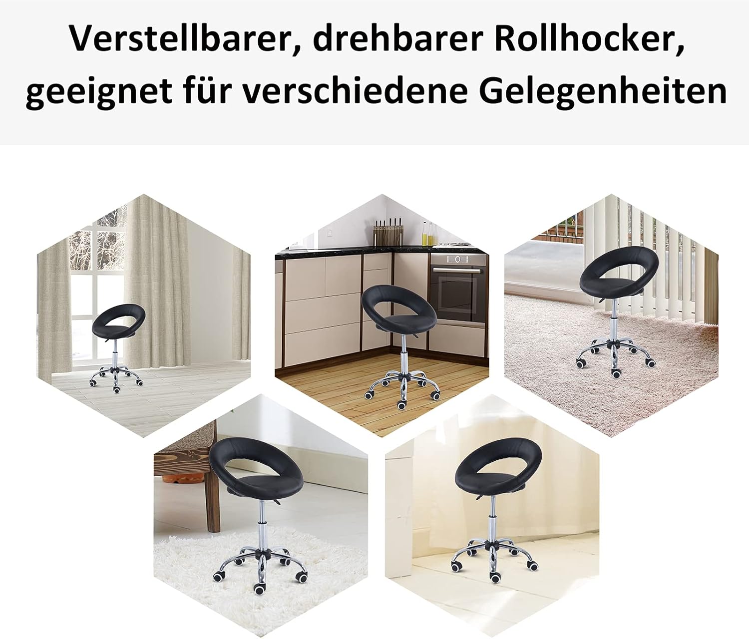 HOMCOM Rollhocker Arbeitshocker Drehhocker Bürostuhl höhenverstellbar, PU+Metall, Schwarz, 50 x 54 x (66-78) cm — Ansicht 5