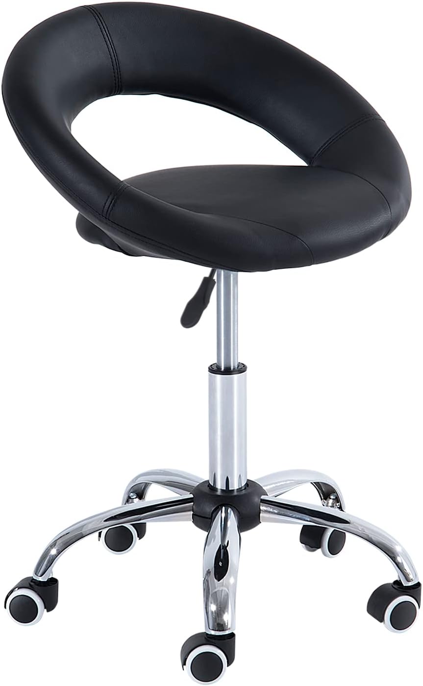 HOMCOM Rollhocker Arbeitshocker Drehhocker Bürostuhl höhenverstellbar, PU+Metall, Schwarz, 50 x 54 x (66-78) cm