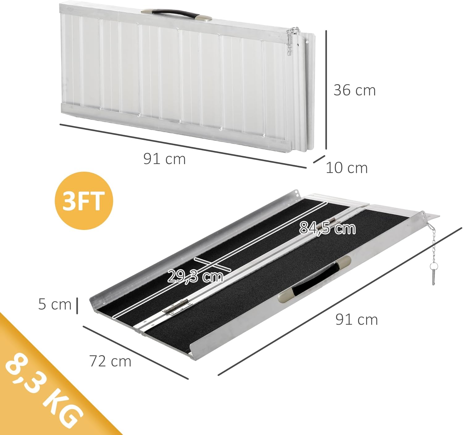HOMCOM Rollstuhlrampe 2-Fach klappbar 91 cm bis 270 kg Belastbar Aluminium rutschfeste Rampe Tragbar Auffahrrampe für Rollstuhl, Treppen, Zuhause, Stufen — Ansicht 3
