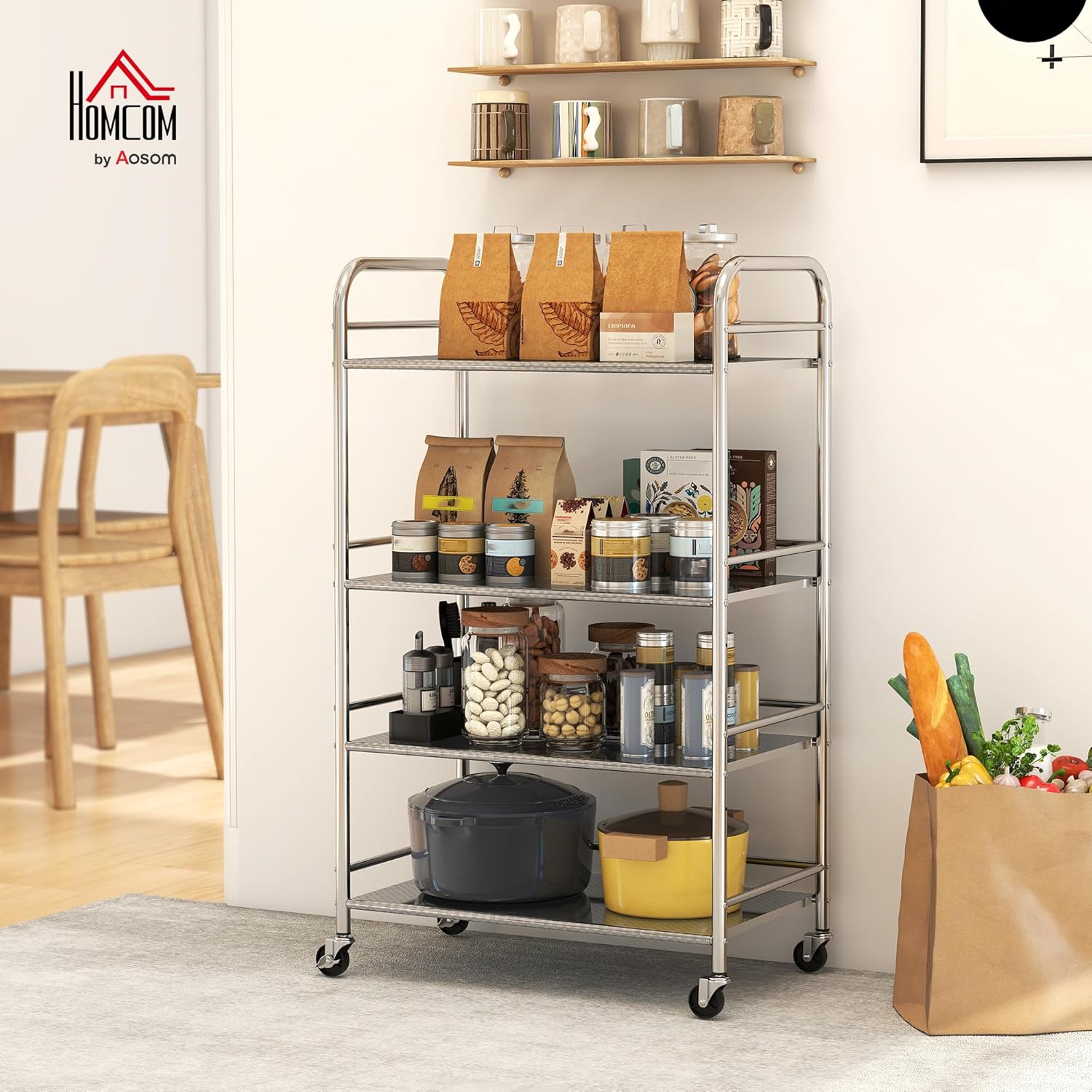 HOMCOM Rollwagen, Küchenwagen mit 4 Ebenen, Servierwagen mit verstellbaren Regalen und Griffen, Aufbewahrungswagen aus Edelstahl für Wohnzimmer Küche Bad Büro, Silber, 60 x 35 x 100 cm — Ansicht 2