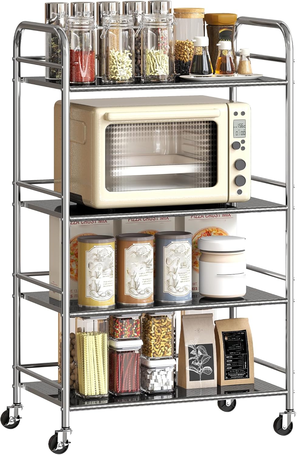 HOMCOM Rollwagen, Küchenwagen mit 4 Ebenen, Servierwagen mit verstellbaren Regalen und Griffen, Aufbewahrungswagen aus Edelstahl für Wohnzimmer Küche Bad Büro, Silber, 60 x 35 x 100 cm