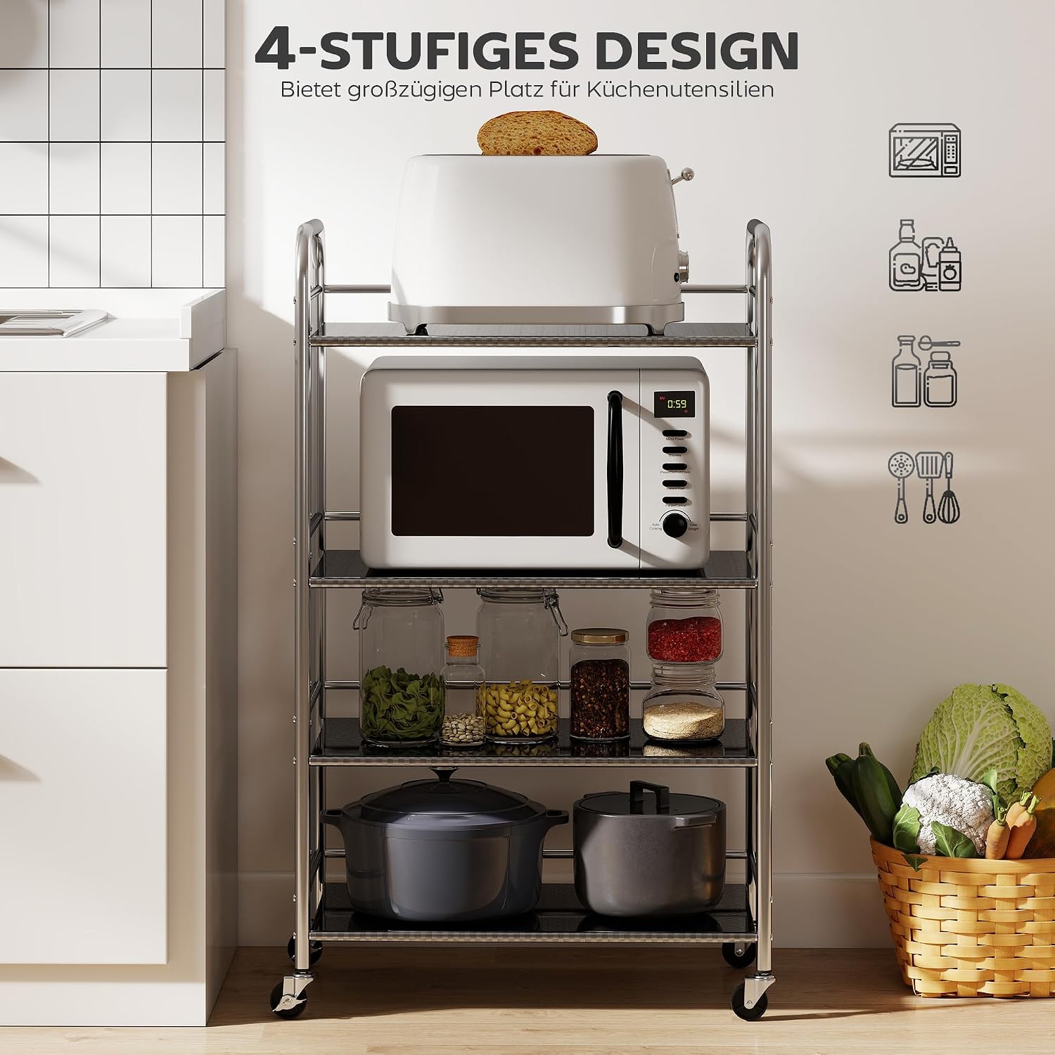 HOMCOM Rollwagen, Küchenwagen mit 4 Ebenen, Servierwagen mit verstellbaren Regalen und Griffen, Aufbewahrungswagen aus Edelstahl für Wohnzimmer Küche Bad Büro, Silber, 60 x 35 x 100 cm — Ansicht 3