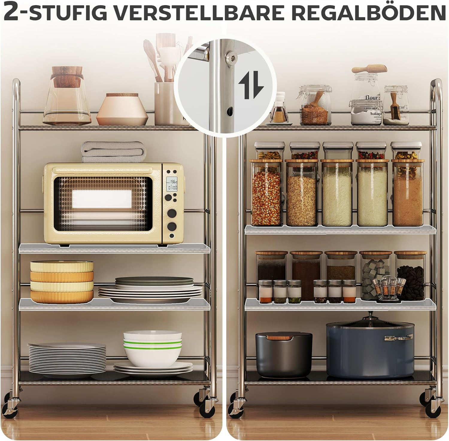 HOMCOM Rollwagen, Küchenwagen mit 4 Ebenen, Servierwagen mit verstellbaren Regalen und Griffen, Aufbewahrungswagen aus Edelstahl für Wohnzimmer Küche Bad Büro, Silber, 60 x 35 x 100 cm — Ansicht 4