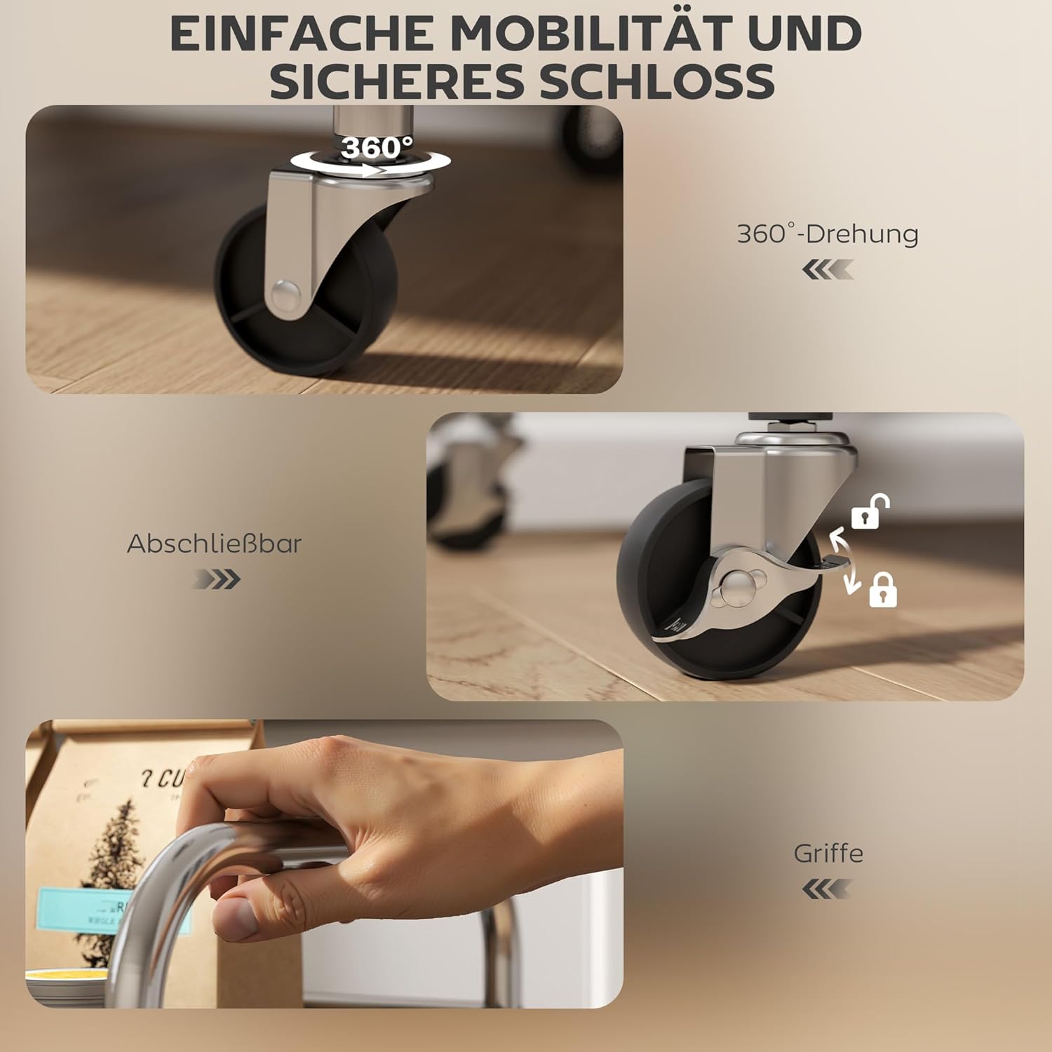 HOMCOM Rollwagen, Küchenwagen mit 4 Ebenen, Servierwagen mit verstellbaren Regalen und Griffen, Aufbewahrungswagen aus Edelstahl für Wohnzimmer Küche Bad Büro, Silber, 60 x 35 x 100 cm — Ansicht 5