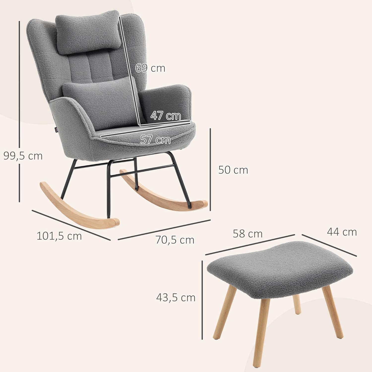 HOMCOM Schaukelstuhl mit Hocker Schaukelsessel Gepolstert Schwingsessel mit Lendenkissen, Kopfstütze, Relaxsessel mit Fleece-Bezug, hoher Rückenlehne Schwingstuhl für Wohnzimmer Dunkelgrau — Ansicht 3
