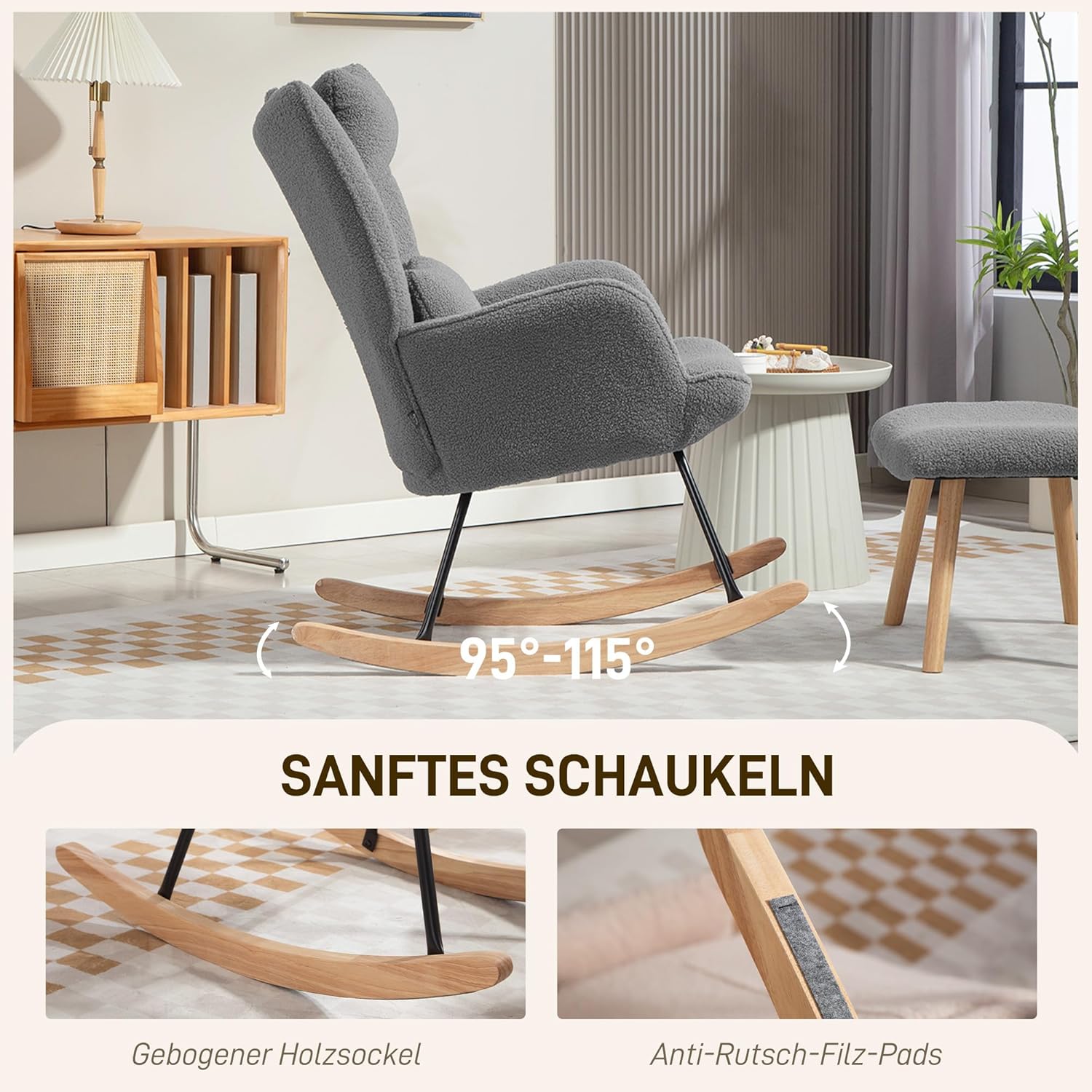HOMCOM Schaukelstuhl mit Hocker Schaukelsessel Gepolstert Schwingsessel mit Lendenkissen, Kopfstütze, Relaxsessel mit Fleece-Bezug, hoher Rückenlehne Schwingstuhl für Wohnzimmer Dunkelgrau — Ansicht 4