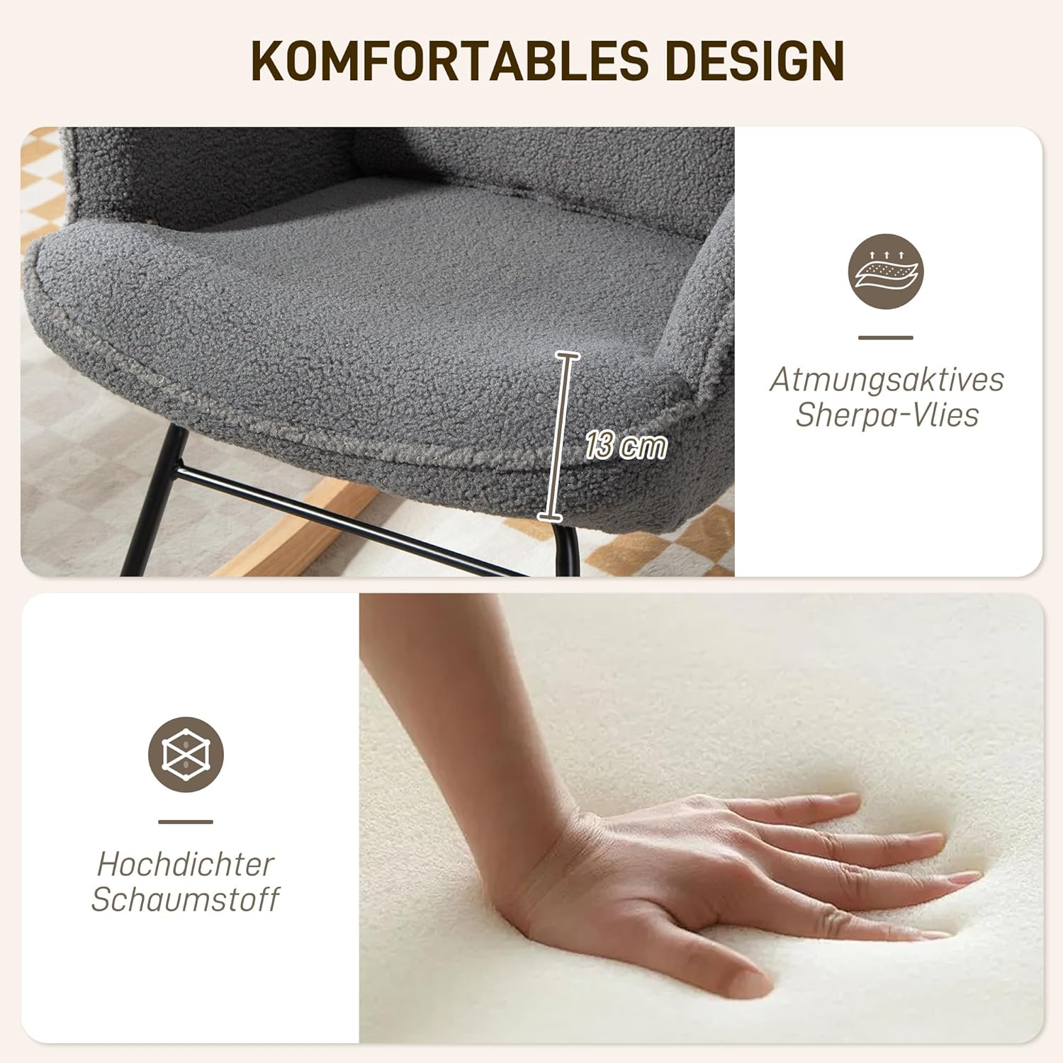 HOMCOM Schaukelstuhl mit Hocker Schaukelsessel Gepolstert Schwingsessel mit Lendenkissen, Kopfstütze, Relaxsessel mit Fleece-Bezug, hoher Rückenlehne Schwingstuhl für Wohnzimmer Dunkelgrau — Ansicht 5