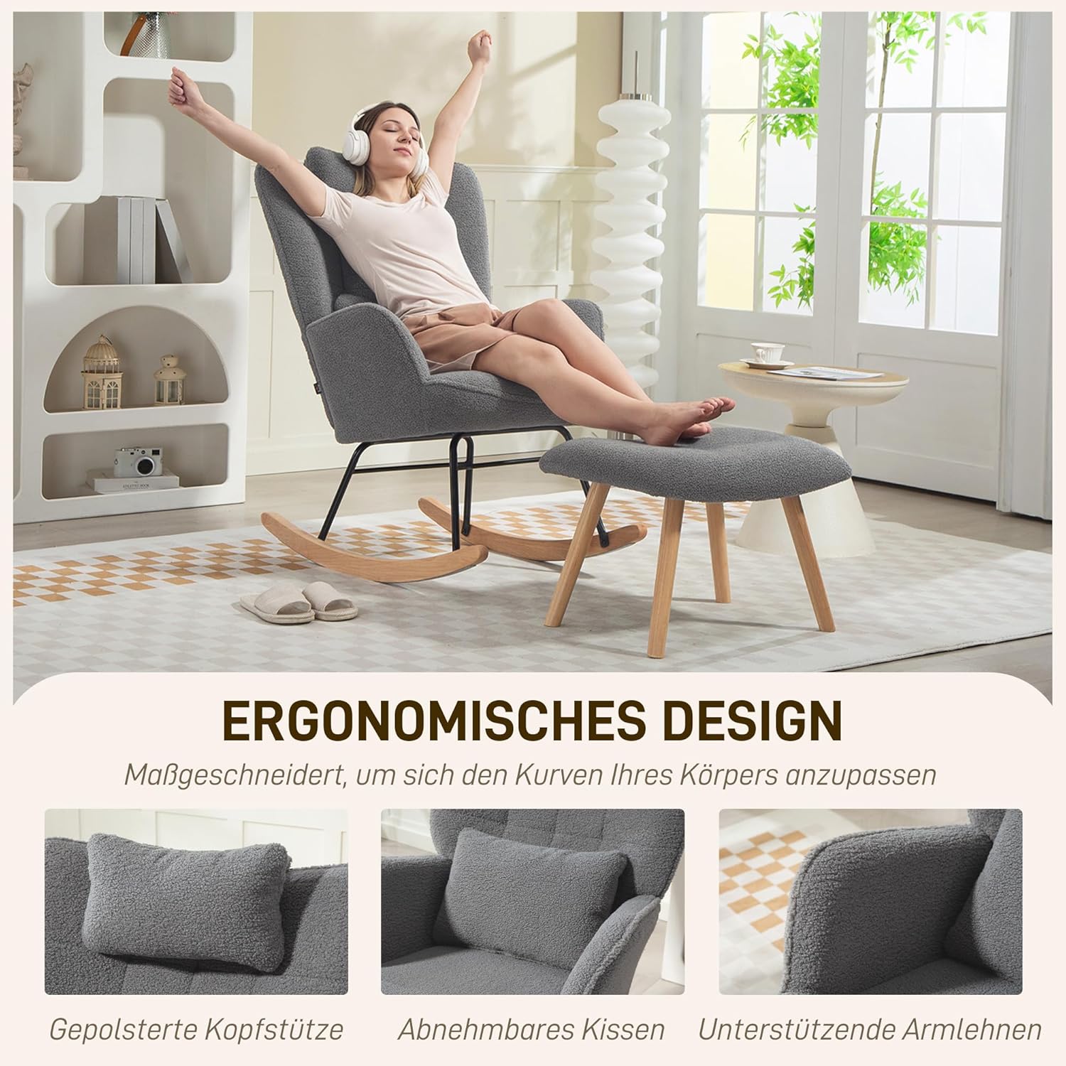 HOMCOM Schaukelstuhl mit Hocker Schaukelsessel Gepolstert Schwingsessel mit Lendenkissen, Kopfstütze, Relaxsessel mit Fleece-Bezug, hoher Rückenlehne Schwingstuhl für Wohnzimmer Dunkelgrau — Ansicht 6