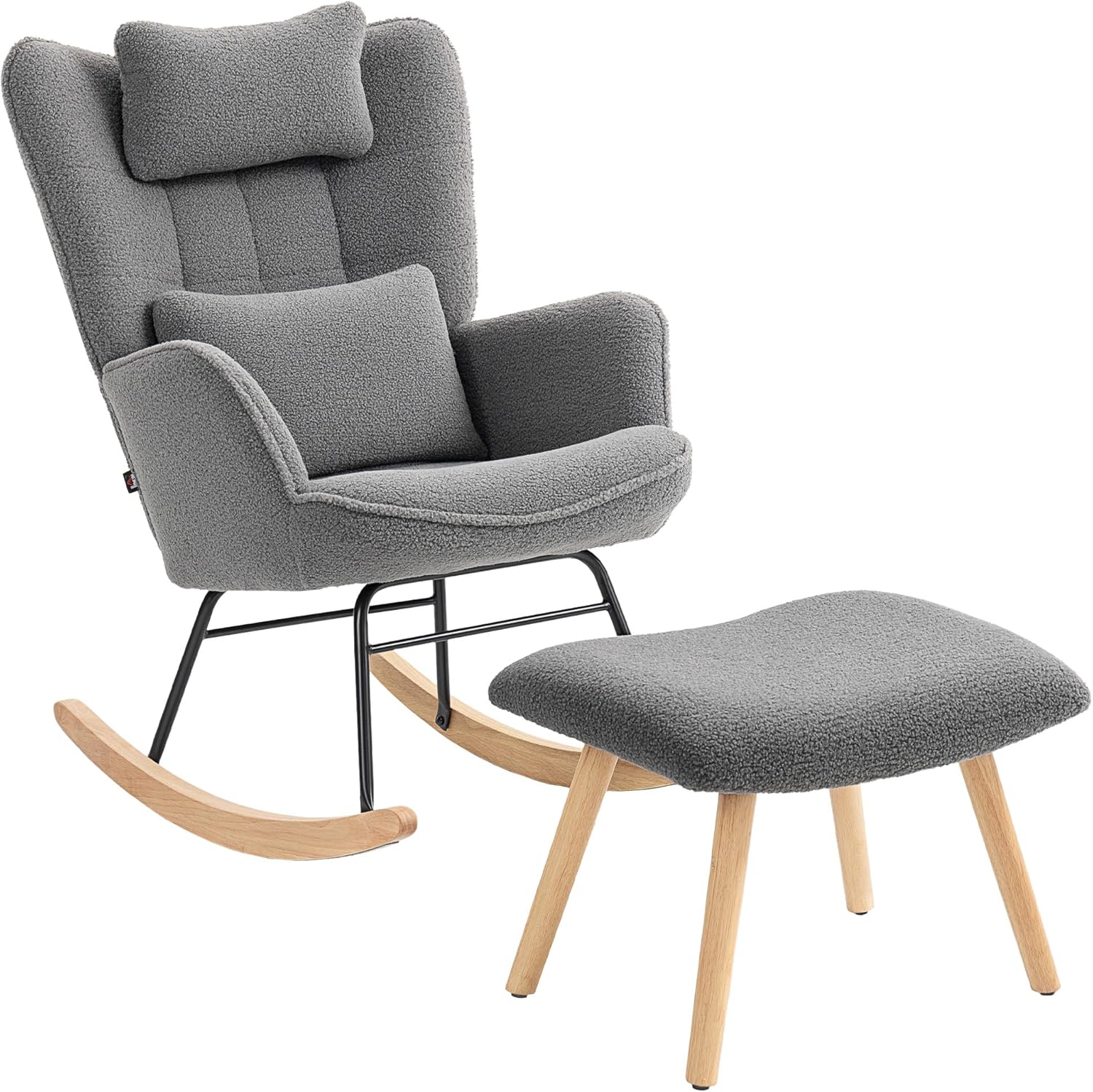 HOMCOM Schaukelstuhl mit Hocker Schaukelsessel Gepolstert Schwingsessel mit Lendenkissen, Kopfstütze, Relaxsessel mit Fleece-Bezug, hoher Rückenlehne Schwingstuhl für Wohnzimmer Dunkelgrau