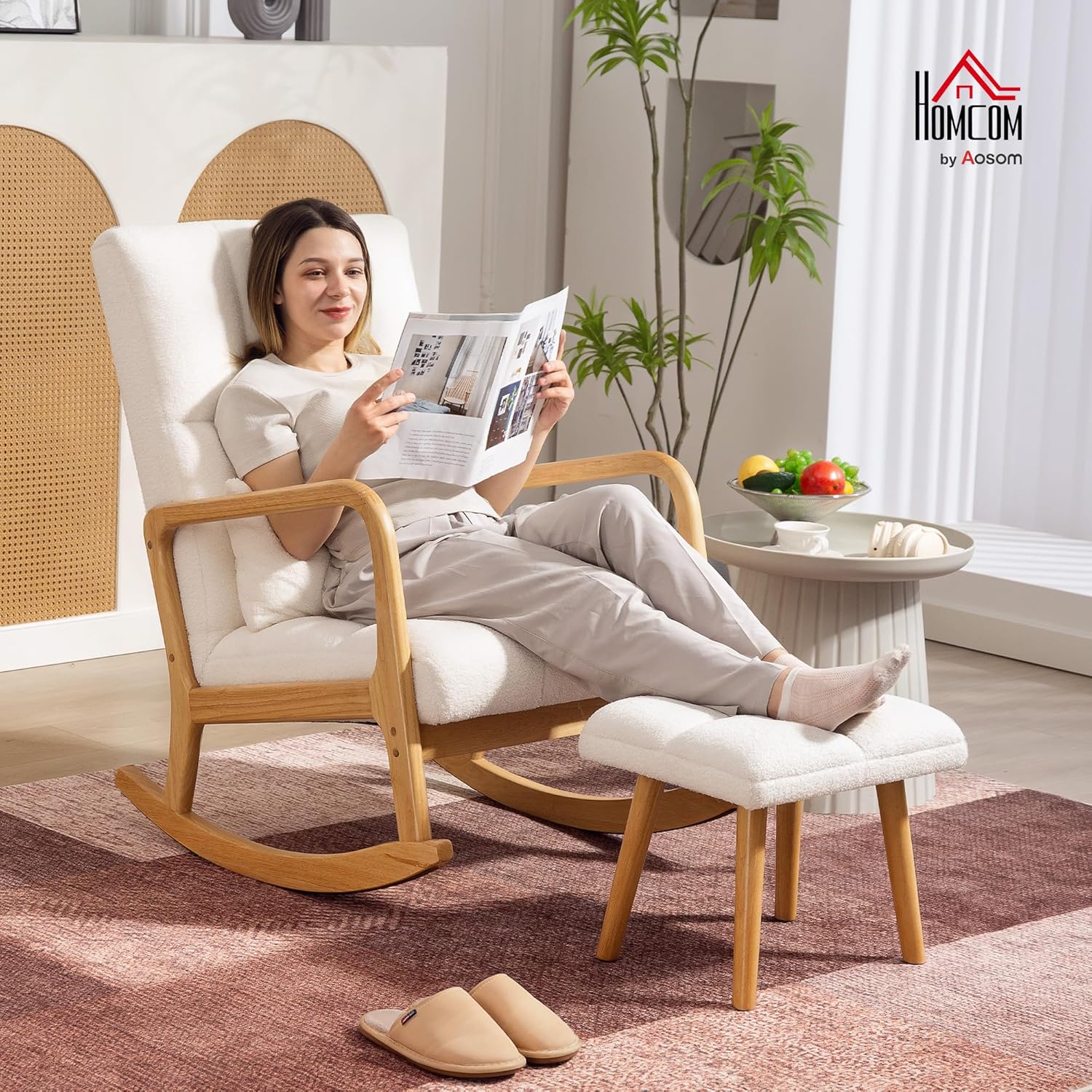 HOMCOM Schaukelstuhl mit Hocker Schaukelsessel mit Fleece-Bezug, Breit Sitz, Armlehnen, hohe Rückenlehne, Holzkufen, Gepolstert Schwingsessel Relaxsessel für Wohnzimmer, Schlafzimmer Weiß — Ansicht 2