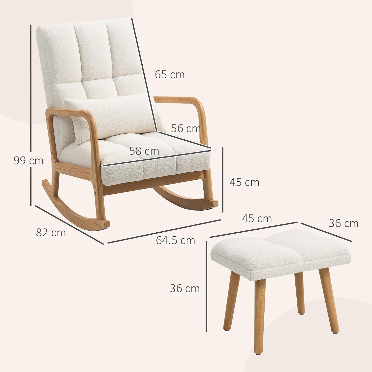 HOMCOM Schaukelstuhl mit Hocker Schaukelsessel mit Fleece-Bezug, Breit Sitz, Armlehnen, hohe Rückenlehne, Holzkufen, Gepolstert Schwingsessel Relaxsessel für Wohnzimmer, Schlafzimmer Weiß — Ansicht 3