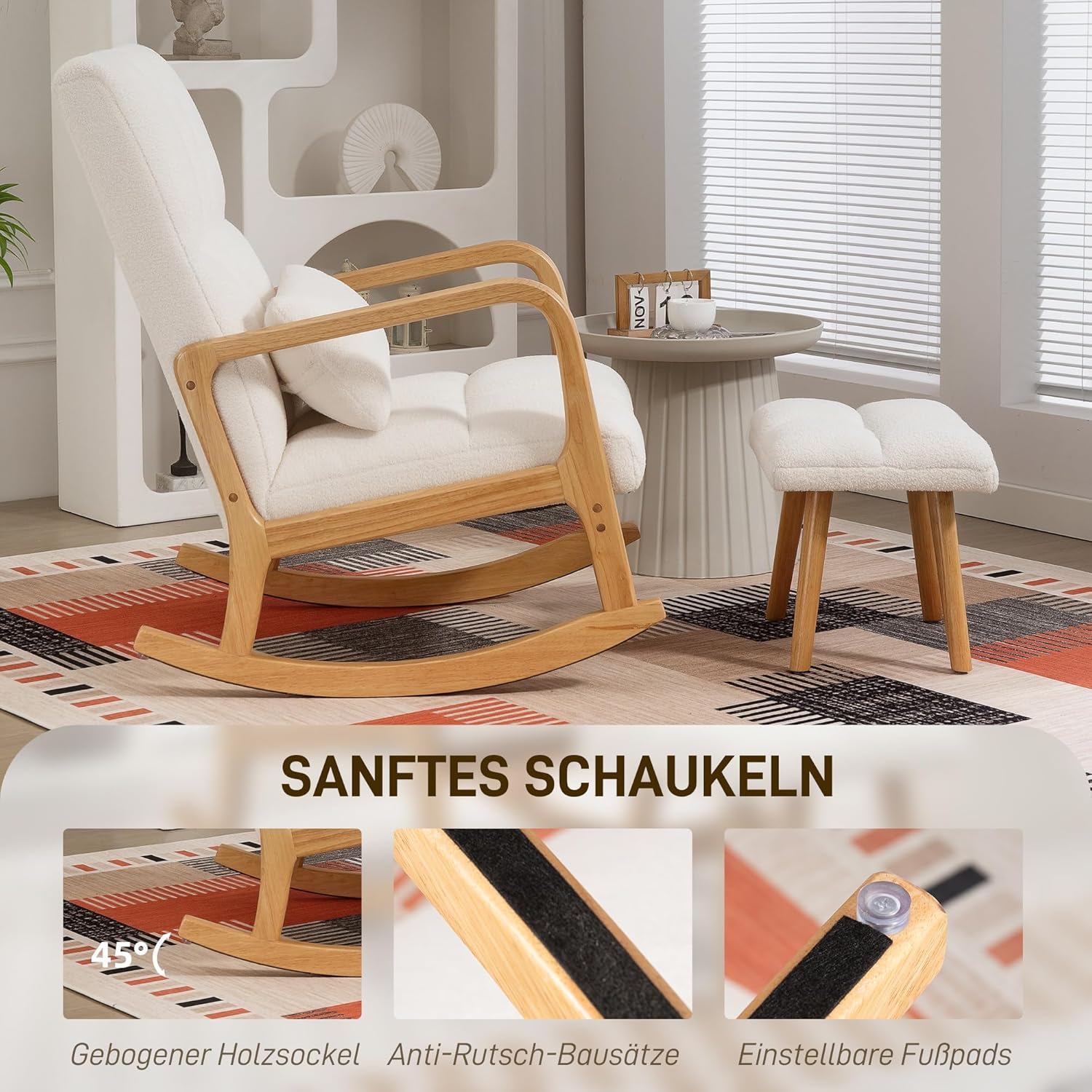 HOMCOM Schaukelstuhl mit Hocker Schaukelsessel mit Fleece-Bezug, Breit Sitz, Armlehnen, hohe Rückenlehne, Holzkufen, Gepolstert Schwingsessel Relaxsessel für Wohnzimmer, Schlafzimmer Weiß — Ansicht 4