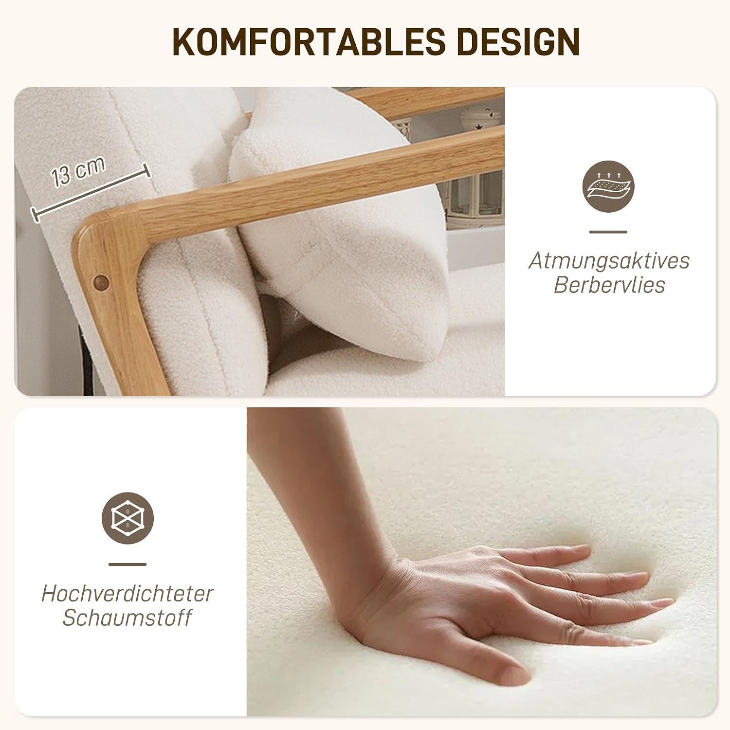 HOMCOM Schaukelstuhl mit Hocker Schaukelsessel mit Fleece-Bezug, Breit Sitz, Armlehnen, hohe Rückenlehne, Holzkufen, Gepolstert Schwingsessel Relaxsessel für Wohnzimmer, Schlafzimmer Weiß — Ansicht 5