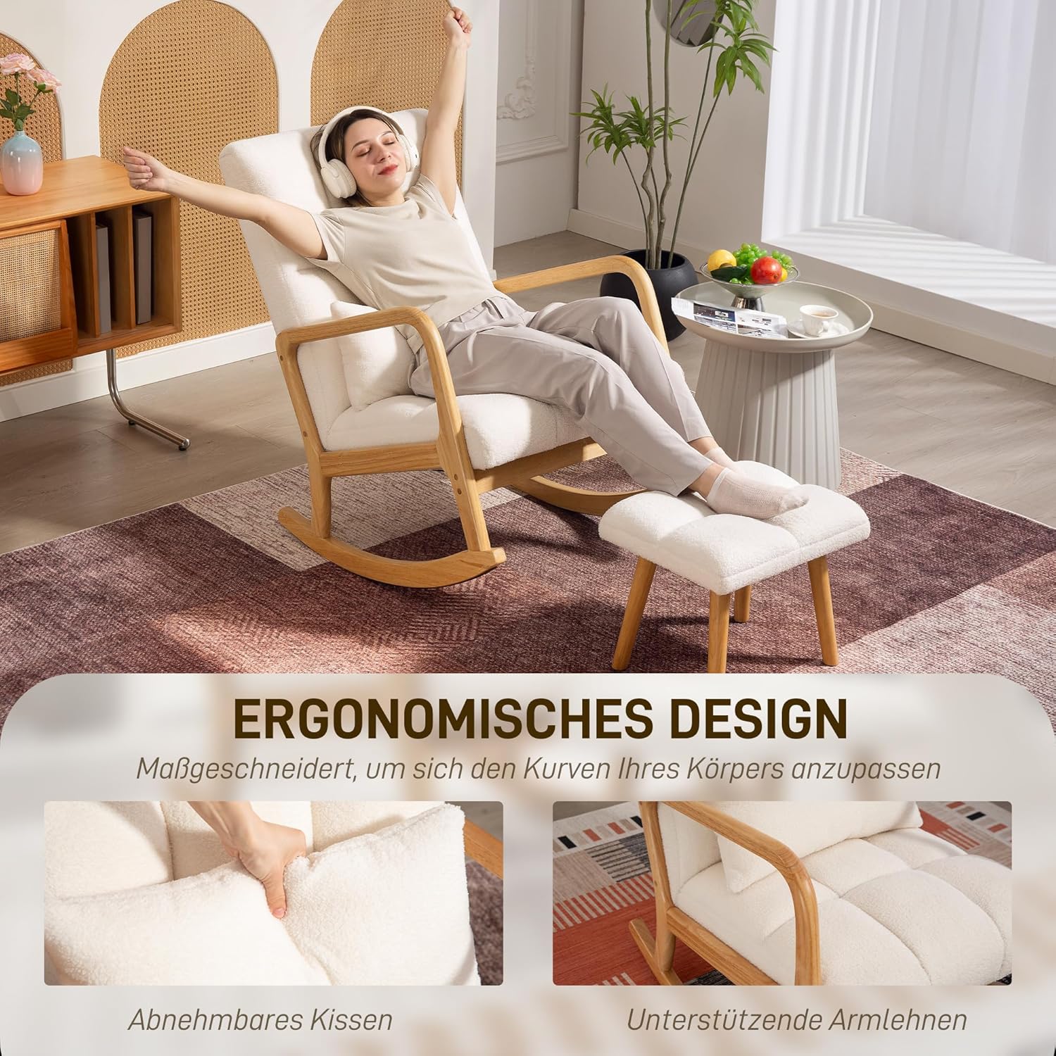 HOMCOM Schaukelstuhl mit Hocker Schaukelsessel mit Fleece-Bezug, Breit Sitz, Armlehnen, hohe Rückenlehne, Holzkufen, Gepolstert Schwingsessel Relaxsessel für Wohnzimmer, Schlafzimmer Weiß — Ansicht 6