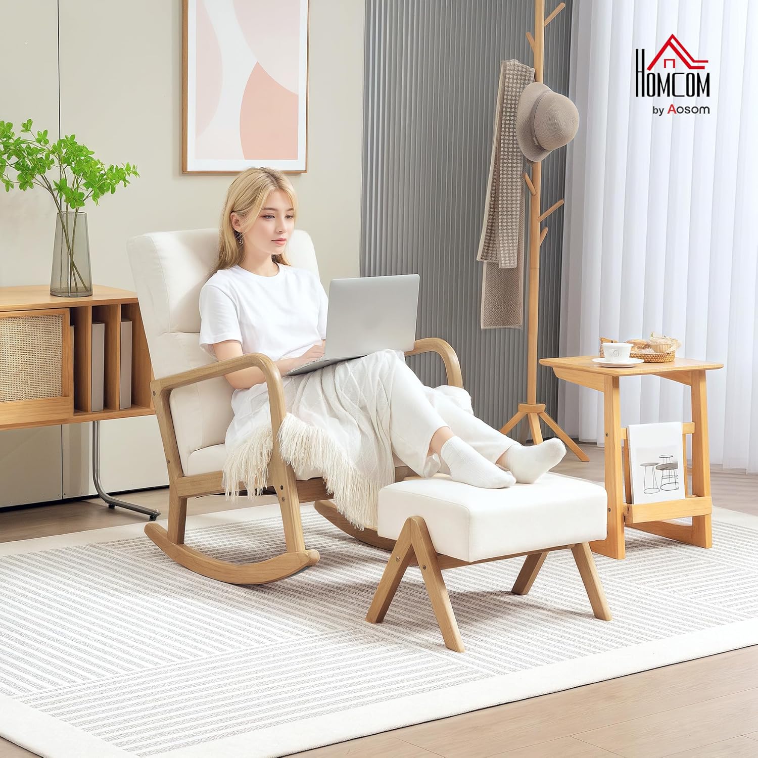 HOMCOM Schaukelstuhl mit Hocker Schaukelsessel Schwingsessel mit Leinenoptik Polstersessel Sessel für Wohnzimmer, Schlafzimmer, Cremeweiß — Ansicht 2