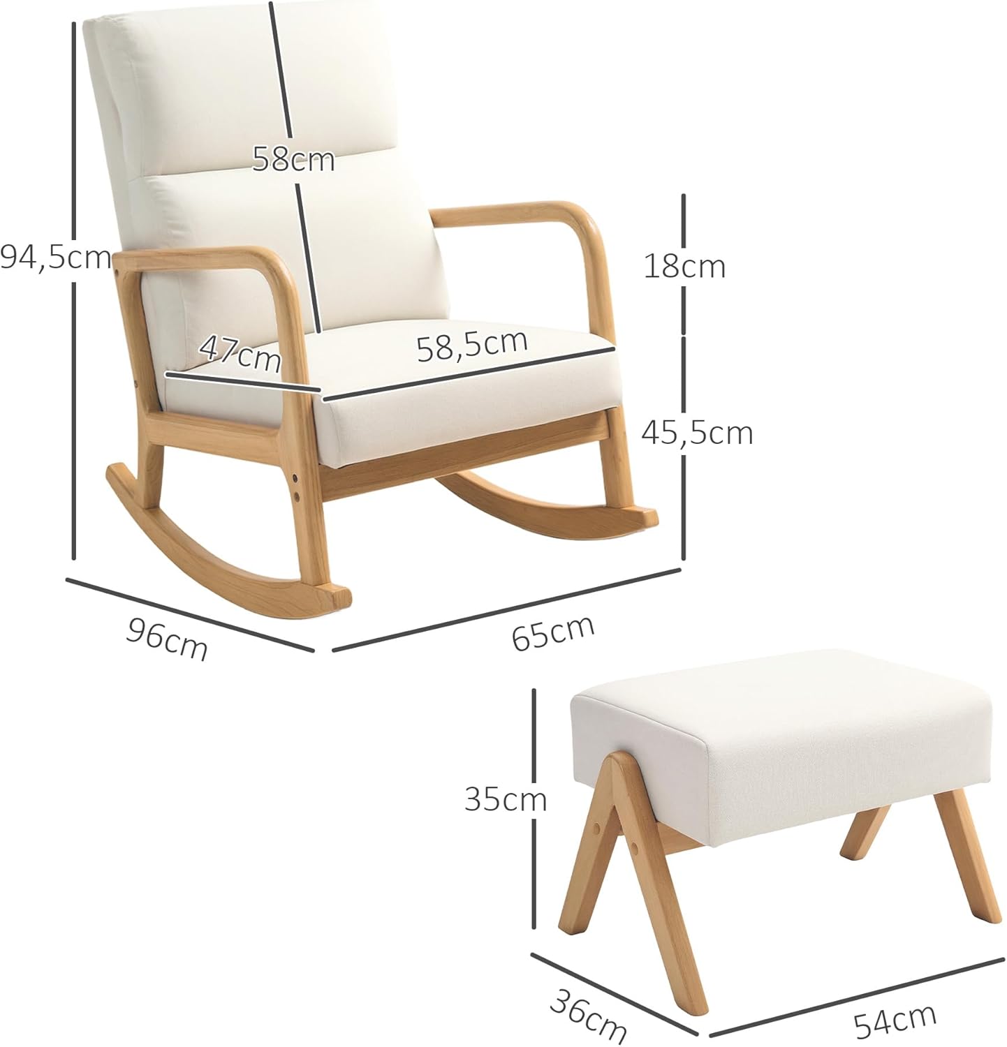 HOMCOM Schaukelstuhl mit Hocker Schaukelsessel Schwingsessel mit Leinenoptik Polstersessel Sessel für Wohnzimmer, Schlafzimmer, Cremeweiß — Ansicht 3