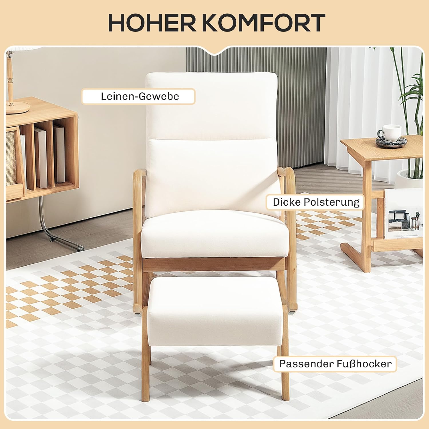 HOMCOM Schaukelstuhl mit Hocker Schaukelsessel Schwingsessel mit Leinenoptik Polstersessel Sessel für Wohnzimmer, Schlafzimmer, Cremeweiß — Ansicht 4