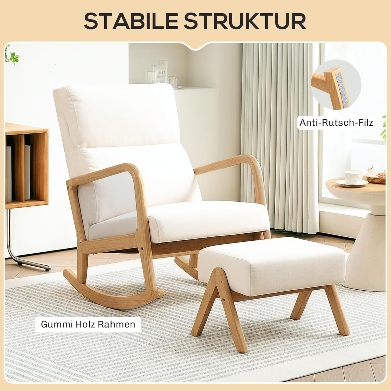 HOMCOM Schaukelstuhl mit Hocker Schaukelsessel Schwingsessel mit Leinenoptik Polstersessel Sessel für Wohnzimmer, Schlafzimmer, Cremeweiß — Ansicht 5