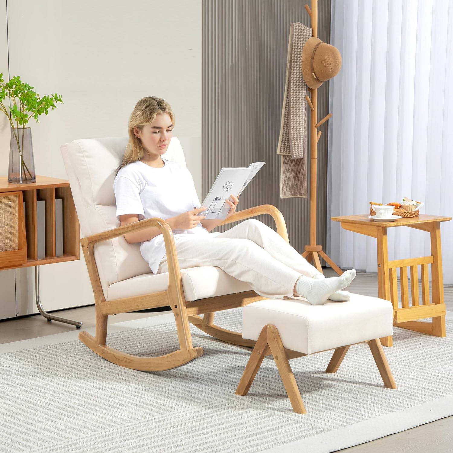 HOMCOM Schaukelstuhl mit Hocker Schaukelsessel Schwingsessel mit Leinenoptik Polstersessel Sessel für Wohnzimmer, Schlafzimmer, Cremeweiß — Ansicht 6