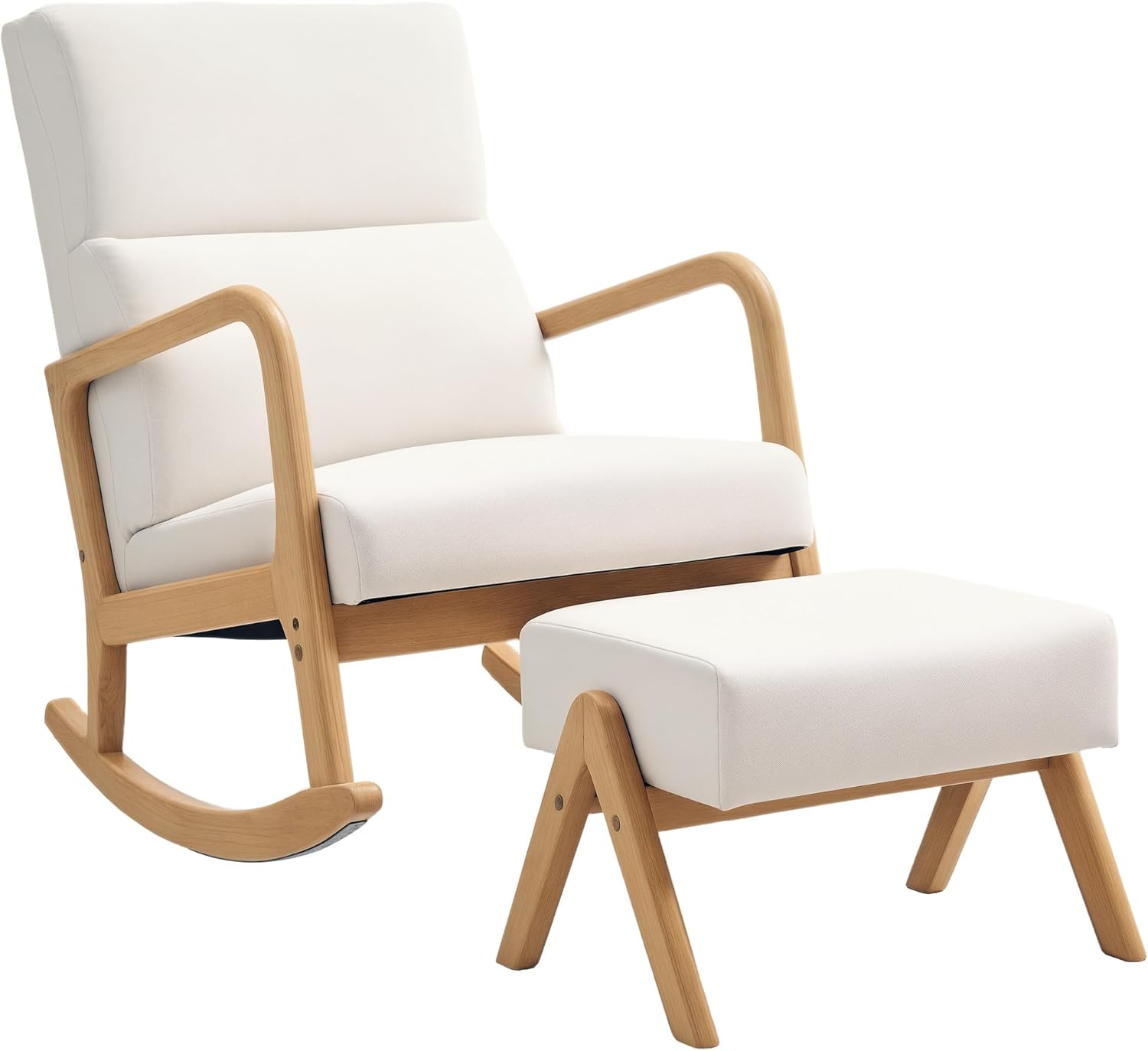 HOMCOM Schaukelstuhl mit Hocker Schaukelsessel Schwingsessel mit Leinenoptik Polstersessel Sessel für Wohnzimmer, Schlafzimmer, Cremeweiß