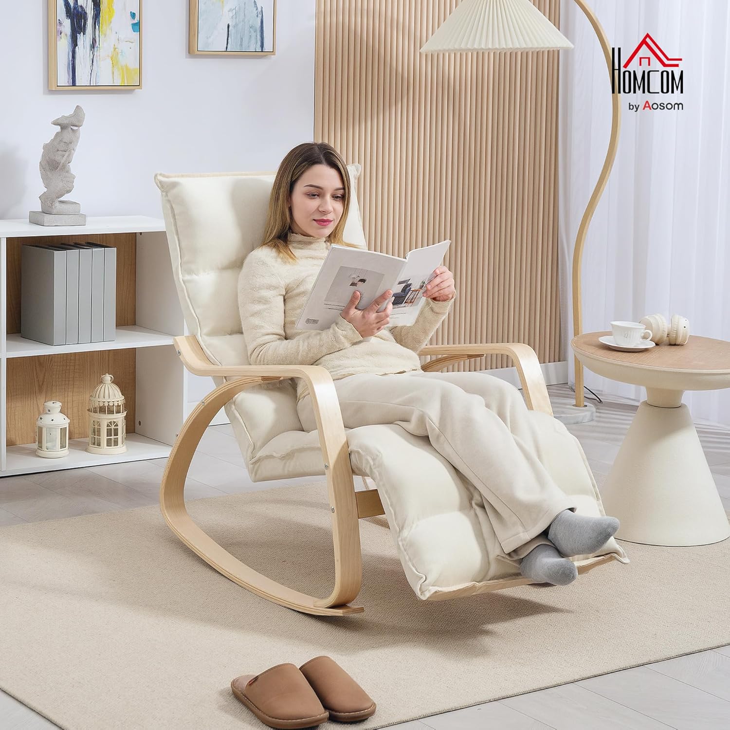HOMCOM Schaukelstuhl Schaukelsessel mit 5-Fach Verstellbarer Fußstütze, hoher Rückenlehne, Sessel Relaxsessel mit Leinenoptik, Schwingsessel, Lesesessel für Wohnzimmer, Schlafzimmer, Cremeweiß — Ansicht 2