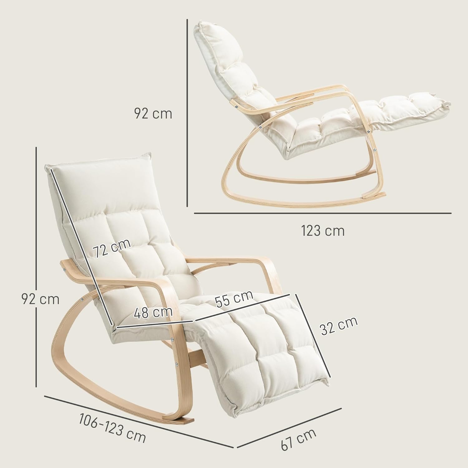HOMCOM Schaukelstuhl Schaukelsessel mit 5-Fach Verstellbarer Fußstütze, hoher Rückenlehne, Sessel Relaxsessel mit Leinenoptik, Schwingsessel, Lesesessel für Wohnzimmer, Schlafzimmer, Cremeweiß — Ansicht 3