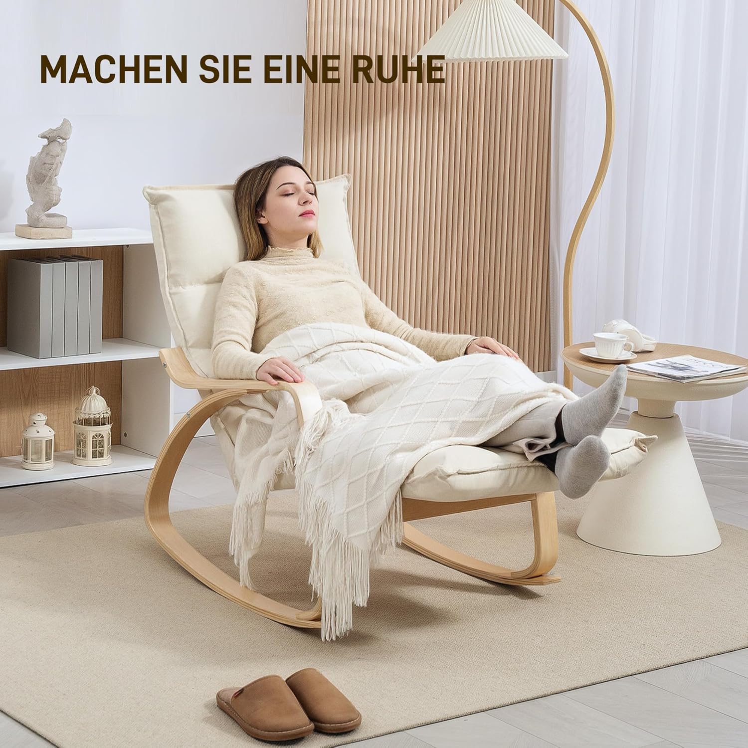 HOMCOM Schaukelstuhl Schaukelsessel mit 5-Fach Verstellbarer Fußstütze, hoher Rückenlehne, Sessel Relaxsessel mit Leinenoptik, Schwingsessel, Lesesessel für Wohnzimmer, Schlafzimmer, Cremeweiß — Ansicht 4