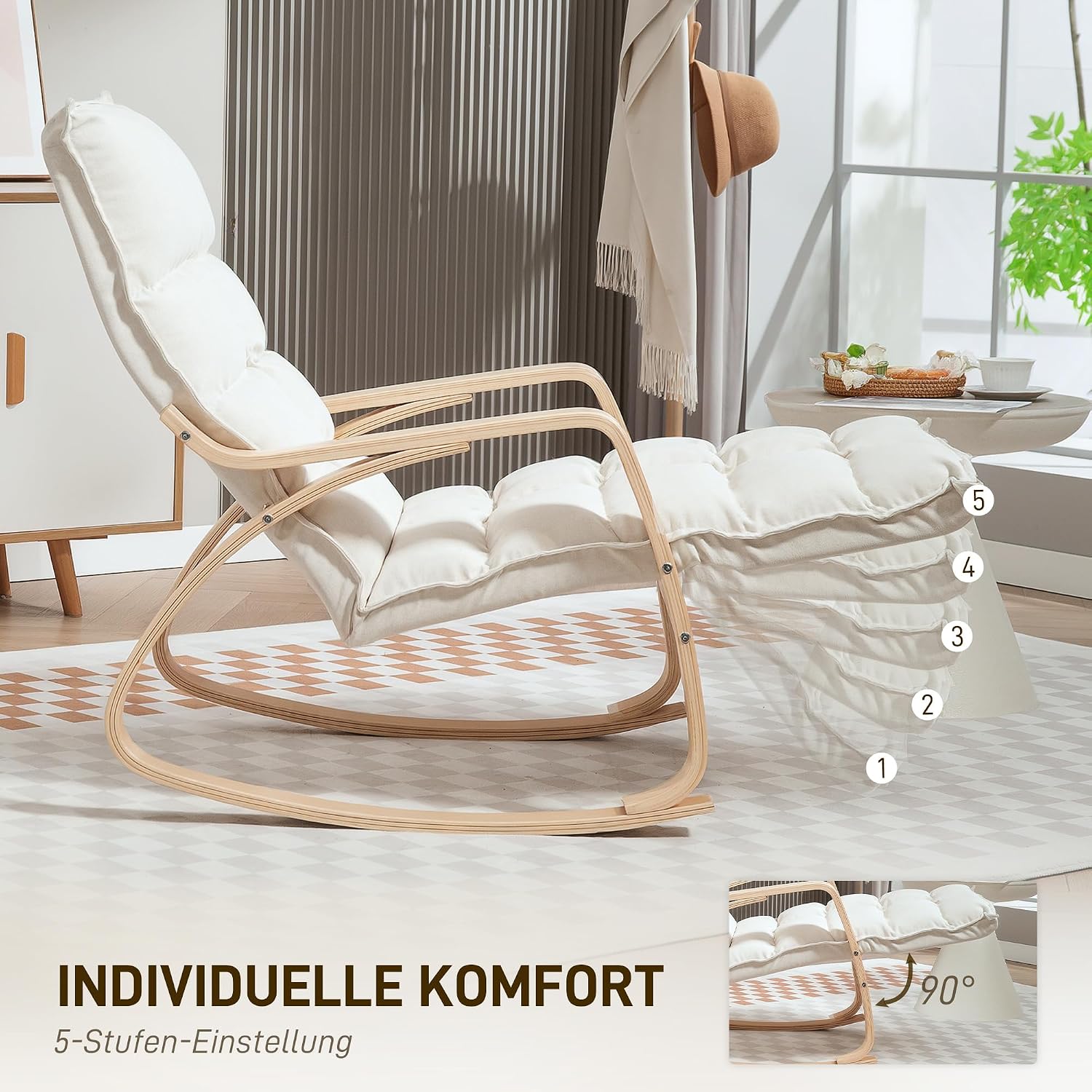 HOMCOM Schaukelstuhl Schaukelsessel mit 5-Fach Verstellbarer Fußstütze, hoher Rückenlehne, Sessel Relaxsessel mit Leinenoptik, Schwingsessel, Lesesessel für Wohnzimmer, Schlafzimmer, Cremeweiß — Ansicht 5