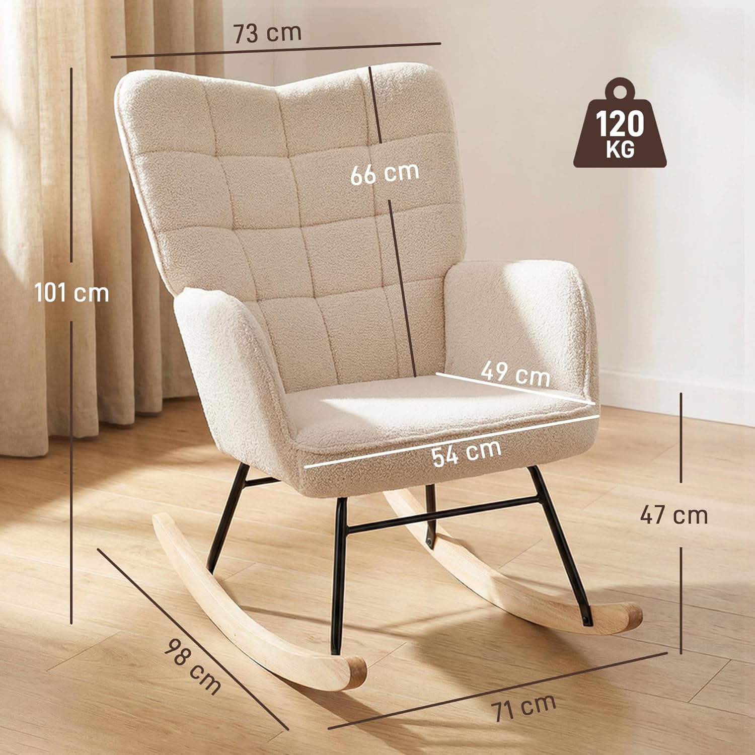 HOMCOM Schaukelstuhl, Schaukelsessel mit Lammfellimitat, Armlehne, Gepolsterter Sessel mit Hoher Rückenlehne, Holzkufen, Moderner Relaxsessel für Wohnzimmer, Schlafzimmer, bis 120kg, Beige — Ansicht 2