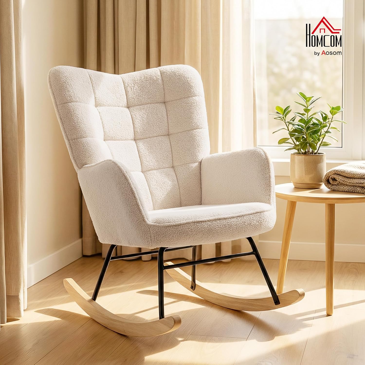HOMCOM Schaukelstuhl, Schaukelsessel mit Lammfellimitat, Armlehne, Gepolsterter Sessel mit Hoher Rückenlehne, Holzkufen, Moderner Relaxsessel für Wohnzimmer, Schlafzimmer, bis 120kg, Beige — Ansicht 3