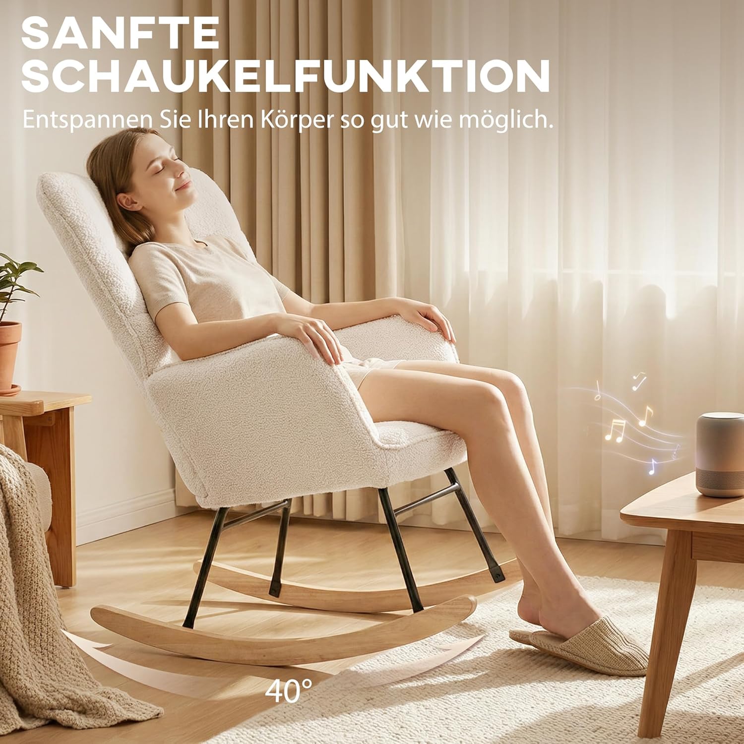 HOMCOM Schaukelstuhl, Schaukelsessel mit Lammfellimitat, Armlehne, Gepolsterter Sessel mit Hoher Rückenlehne, Holzkufen, Moderner Relaxsessel für Wohnzimmer, Schlafzimmer, bis 120kg, Beige — Ansicht 4