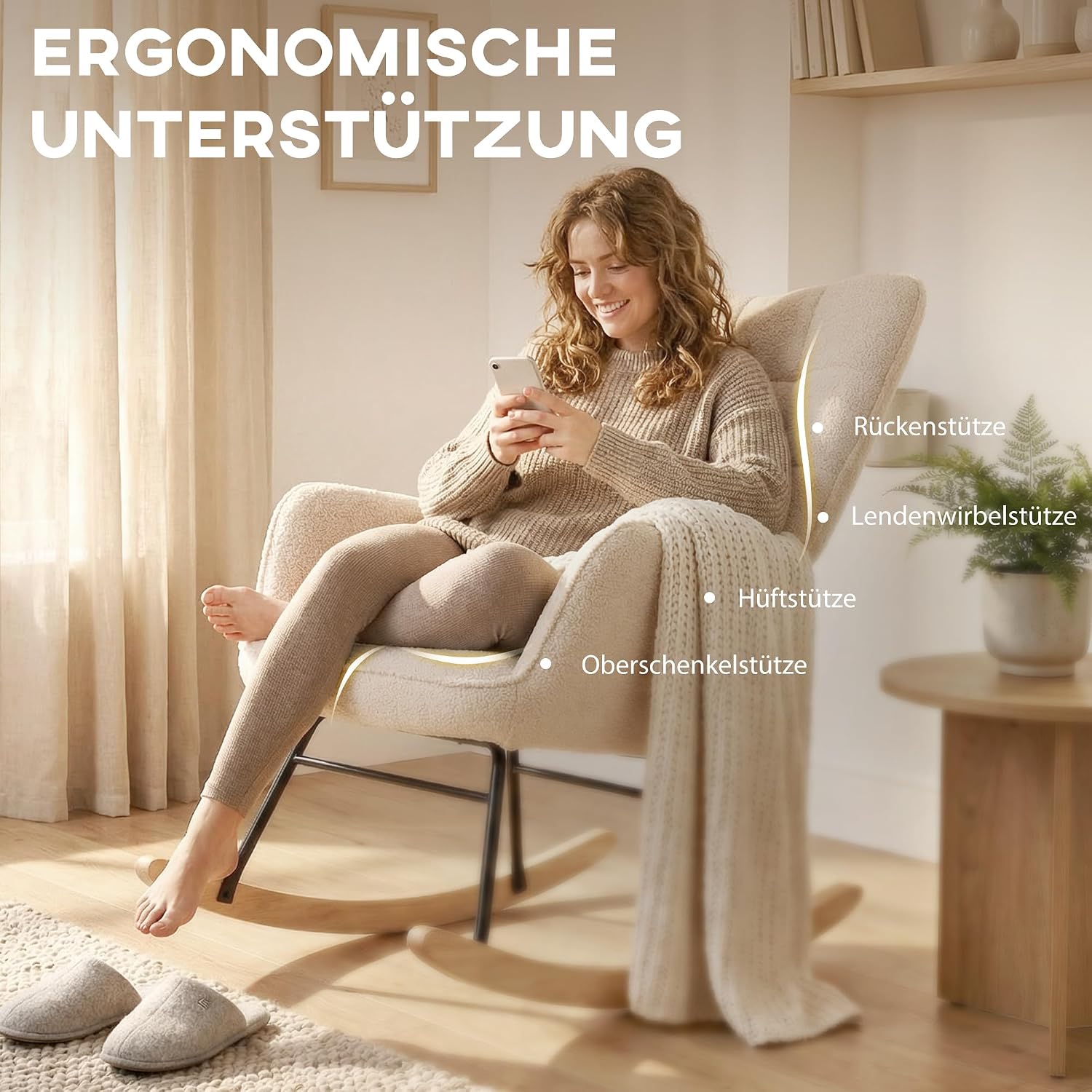 HOMCOM Schaukelstuhl, Schaukelsessel mit Lammfellimitat, Armlehne, Gepolsterter Sessel mit Hoher Rückenlehne, Holzkufen, Moderner Relaxsessel für Wohnzimmer, Schlafzimmer, bis 120kg, Beige — Ansicht 5