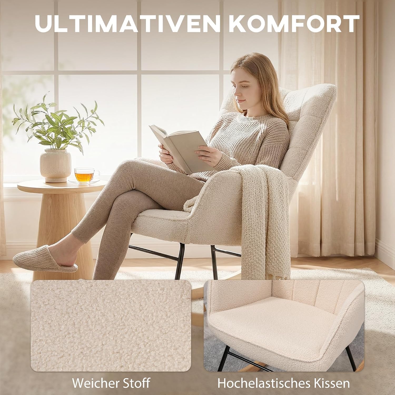 HOMCOM Schaukelstuhl, Schaukelsessel mit Lammfellimitat, Armlehne, Gepolsterter Sessel mit Hoher Rückenlehne, Holzkufen, Moderner Relaxsessel für Wohnzimmer, Schlafzimmer, bis 120kg, Beige — Ansicht 6