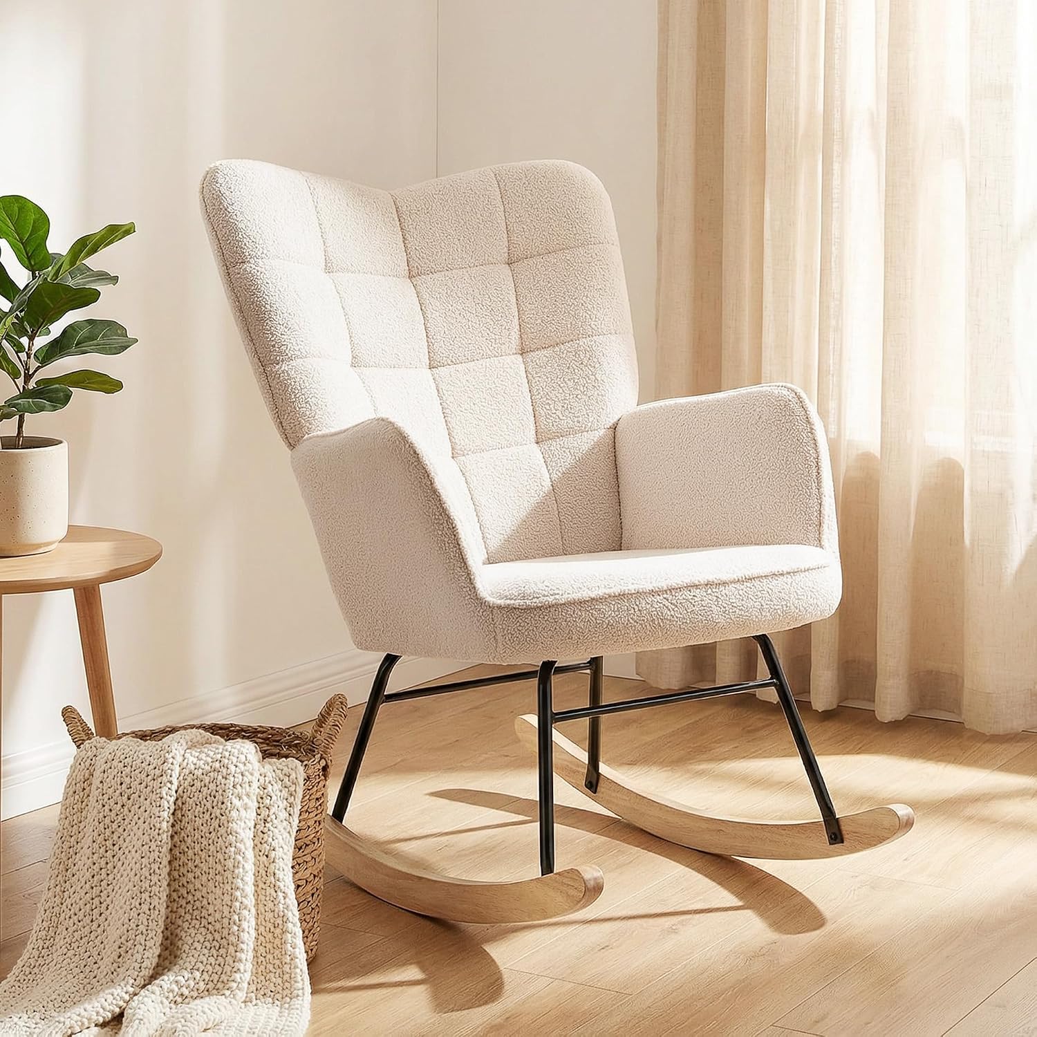 HOMCOM Schaukelstuhl, Schaukelsessel mit Lammfellimitat, Armlehne, Gepolsterter Sessel mit Hoher Rückenlehne, Holzkufen, Moderner Relaxsessel für Wohnzimmer, Schlafzimmer, bis 120kg, Beige