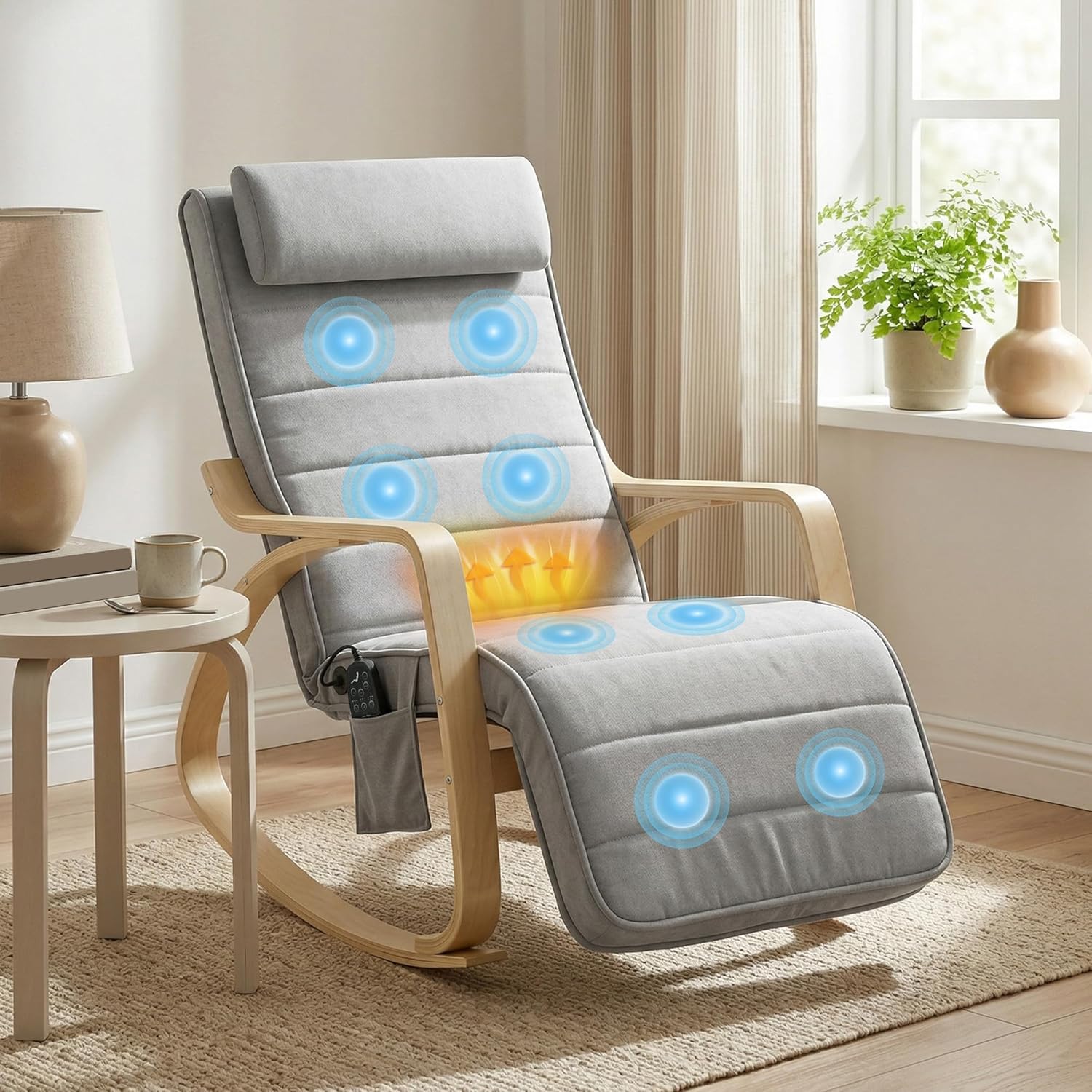 HOMCOM Schaukelstuhl Schaukelsessel mit Massagefunktion Heizung Kopfstütze 5-Fach verstellbare Fußstütze, Relaxstuhl mit Samtoptik Seitentasche, Schwingsessel für Wohnzimmer, Schlafzimmer, Hellgrau