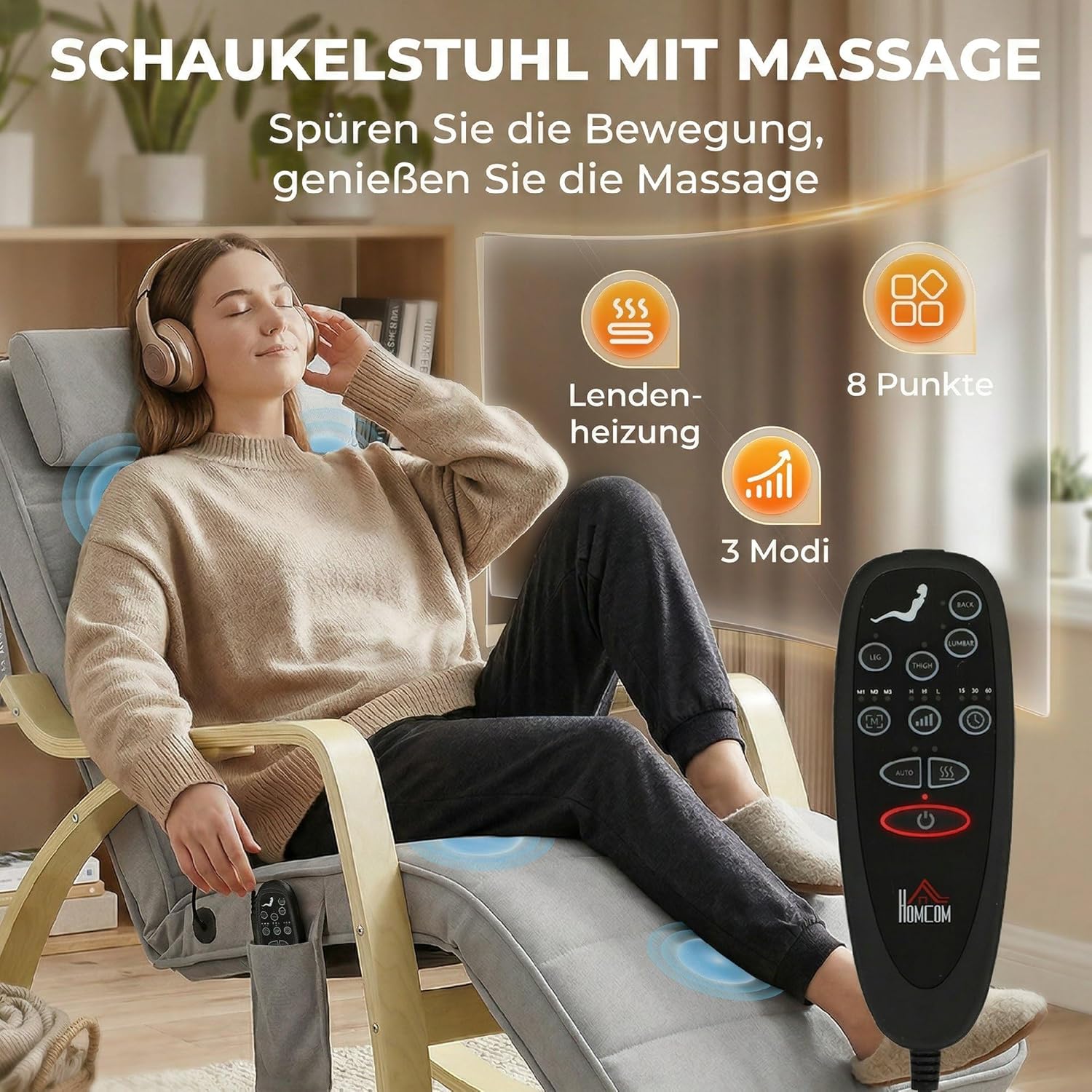 HOMCOM Schaukelstuhl Schaukelsessel mit Massagefunktion Heizung Kopfstütze 5-Fach verstellbare Fußstütze, Relaxstuhl mit Samtoptik Seitentasche, Schwingsessel für Wohnzimmer, Schlafzimmer, Hellgrau — Ansicht 4