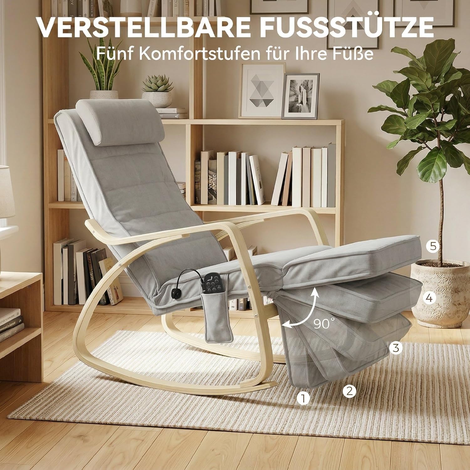 HOMCOM Schaukelstuhl Schaukelsessel mit Massagefunktion Heizung Kopfstütze 5-Fach verstellbare Fußstütze, Relaxstuhl mit Samtoptik Seitentasche, Schwingsessel für Wohnzimmer, Schlafzimmer, Hellgrau — Ansicht 5
