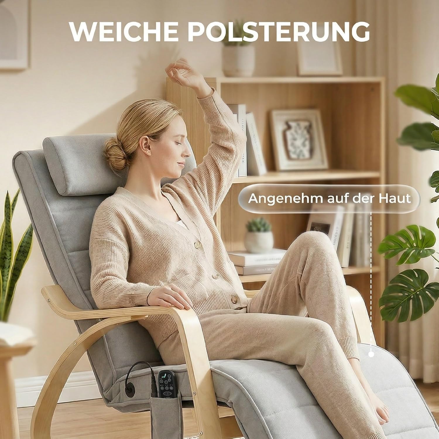 HOMCOM Schaukelstuhl Schaukelsessel mit Massagefunktion Heizung Kopfstütze 5-Fach verstellbare Fußstütze, Relaxstuhl mit Samtoptik Seitentasche, Schwingsessel für Wohnzimmer, Schlafzimmer, Hellgrau — Ansicht 6