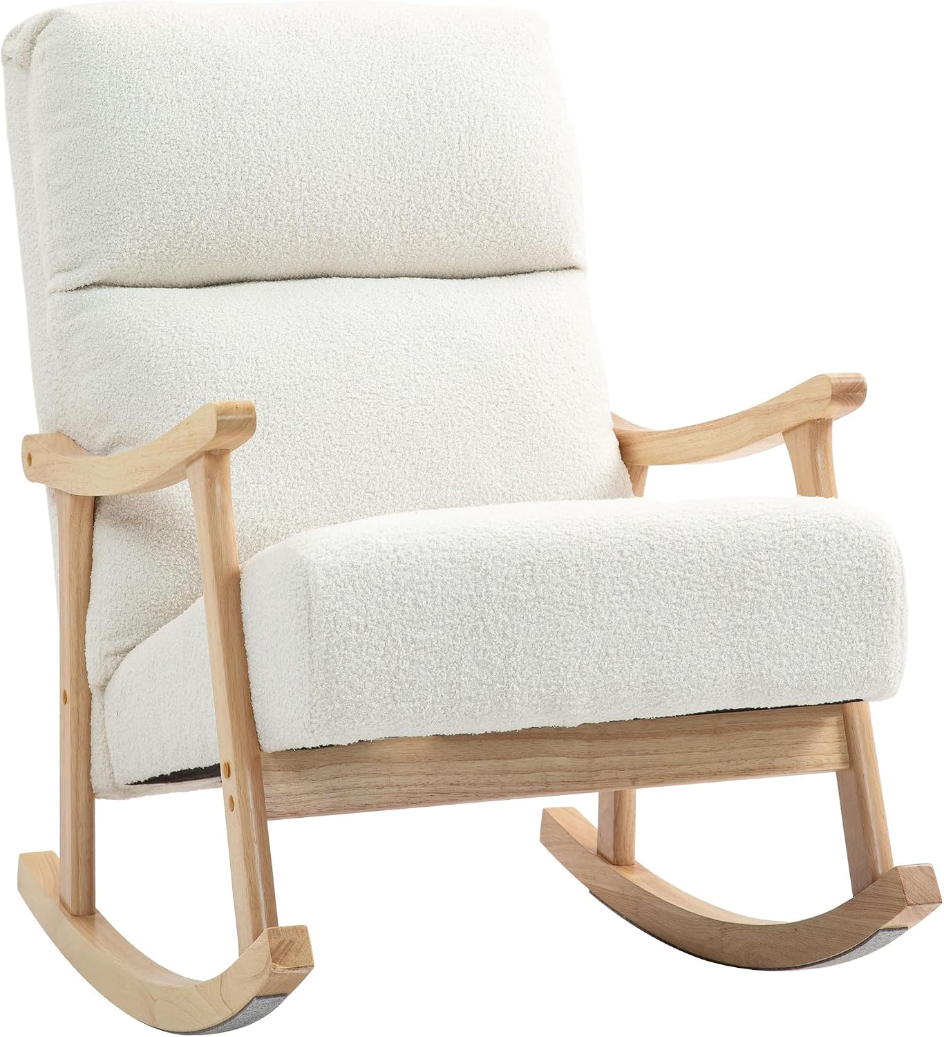 HOMCOM Schaukelstuhl, Schaukelsessel mit Rückenlehne, Holzkufen, Sessel, Relaxsessel mit Teddysamt-Optik, Schwingsessel, Relaxstuhl für Wohnzimmer, Schlafzimmer, Balkon, Cremeweiß