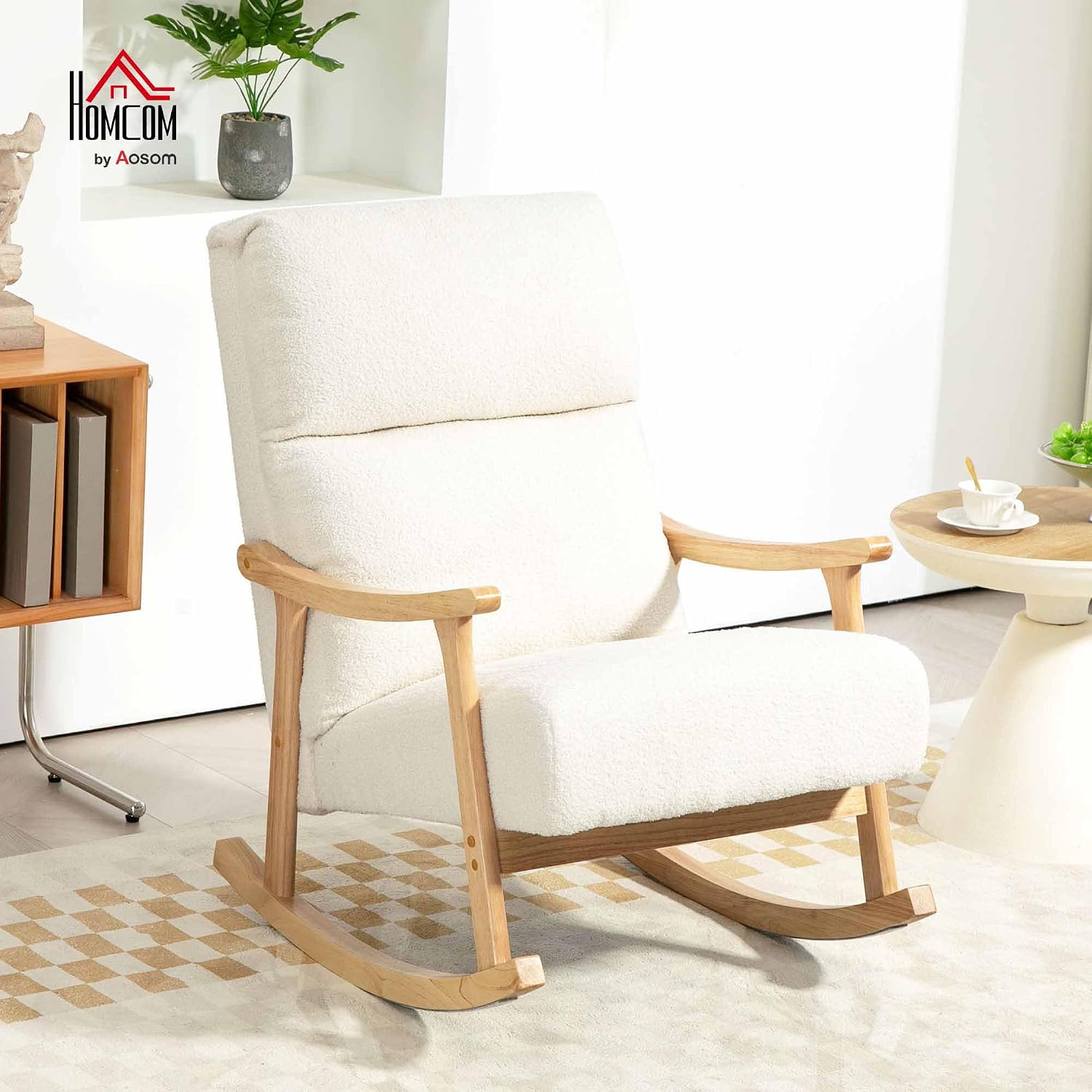 HOMCOM Schaukelstuhl, Schaukelsessel mit Rückenlehne, Holzkufen, Sessel, Relaxsessel mit Teddysamt-Optik, Schwingsessel, Relaxstuhl für Wohnzimmer, Schlafzimmer, Balkon, Cremeweiß — Ansicht 2
