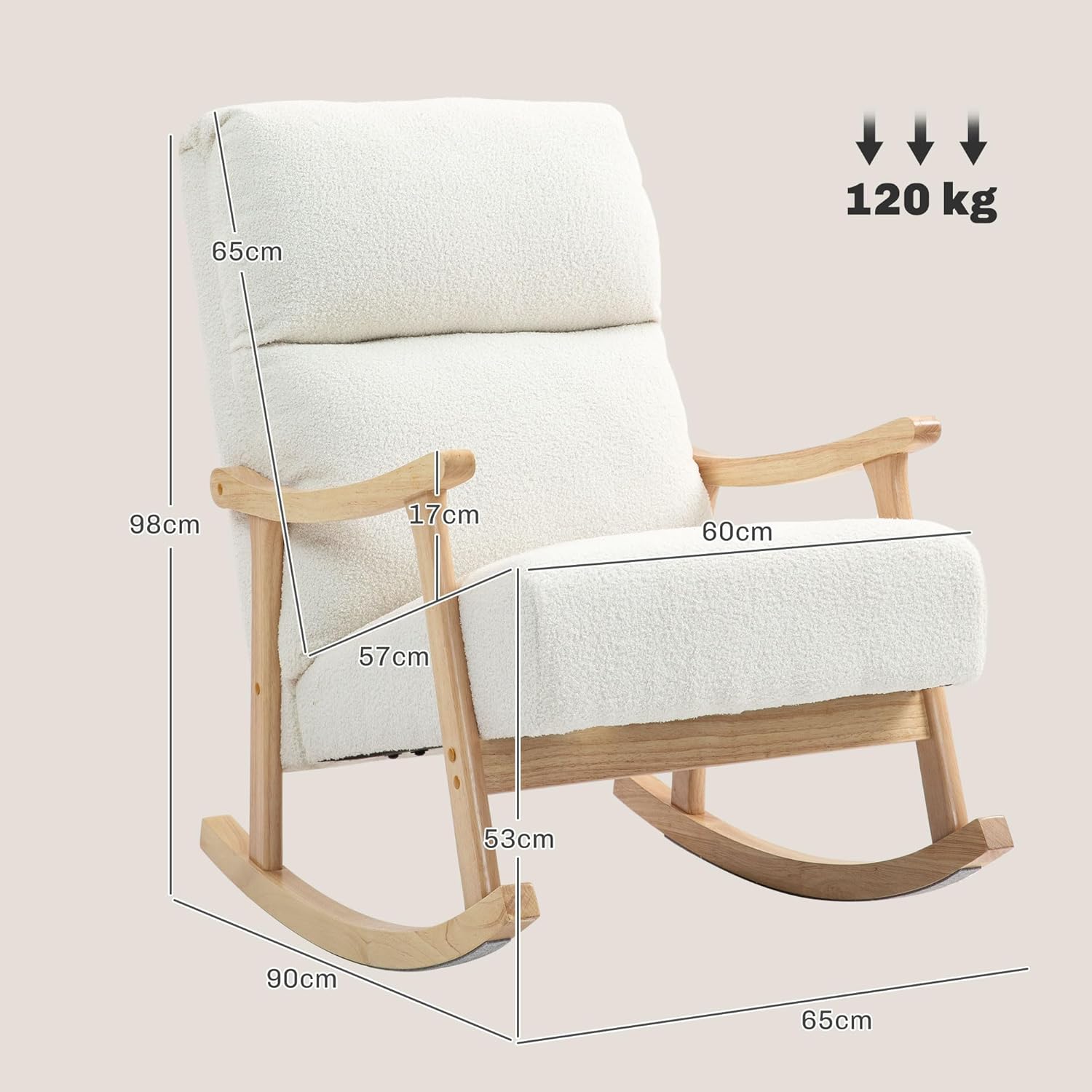 HOMCOM Schaukelstuhl, Schaukelsessel mit Rückenlehne, Holzkufen, Sessel, Relaxsessel mit Teddysamt-Optik, Schwingsessel, Relaxstuhl für Wohnzimmer, Schlafzimmer, Balkon, Cremeweiß — Ansicht 3