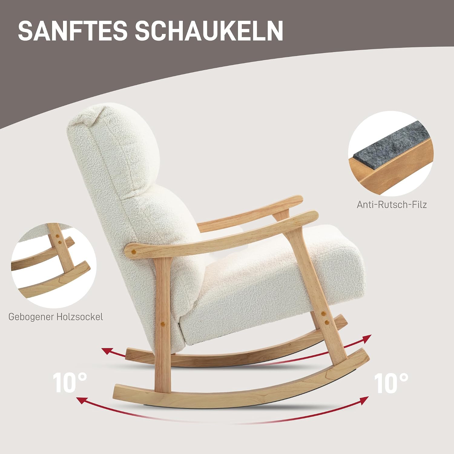 HOMCOM Schaukelstuhl, Schaukelsessel mit Rückenlehne, Holzkufen, Sessel, Relaxsessel mit Teddysamt-Optik, Schwingsessel, Relaxstuhl für Wohnzimmer, Schlafzimmer, Balkon, Cremeweiß — Ansicht 4
